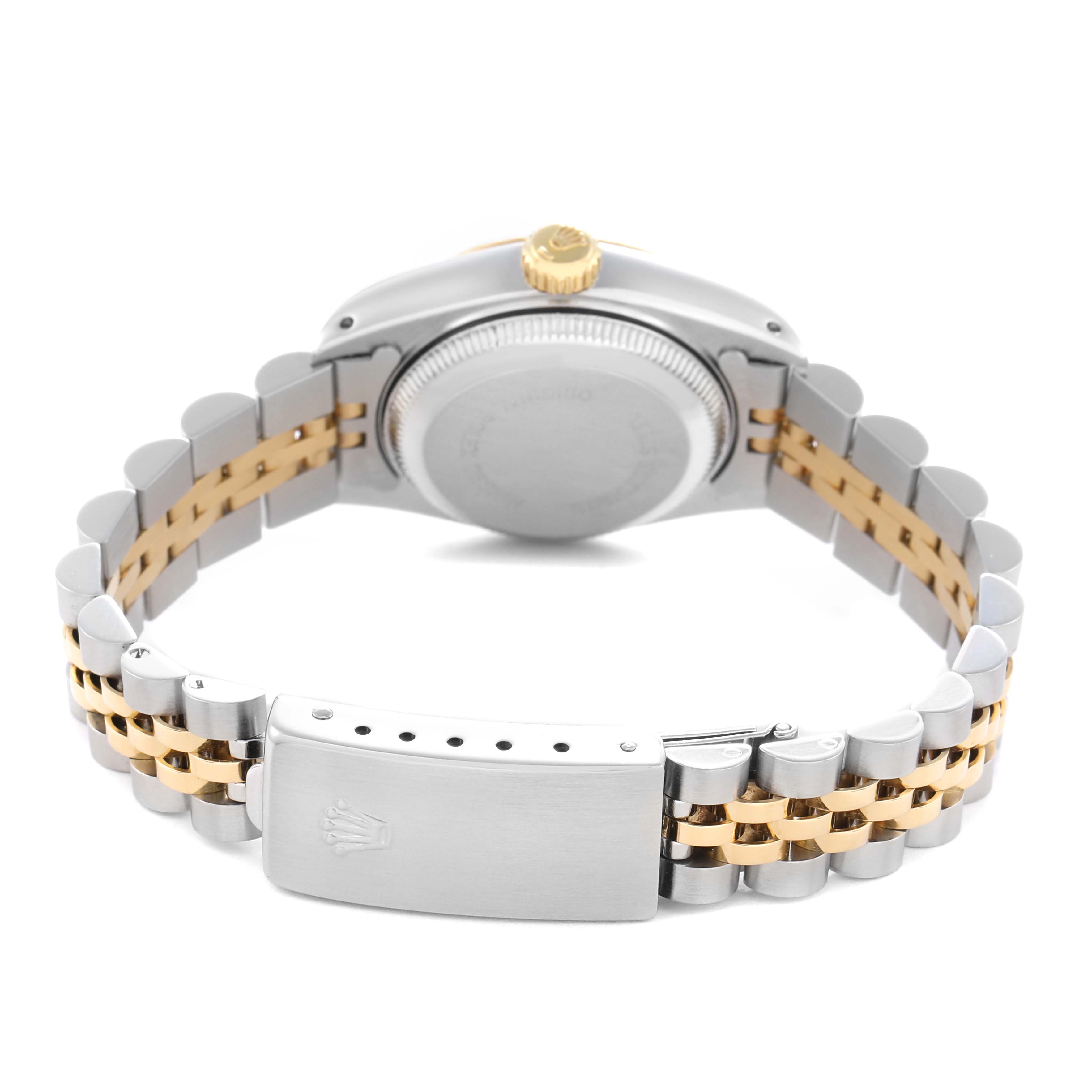 The image shows the Rolex Datejust 69173 Women's Steel and Gold (two tone) Champagne Dial 69173 Women's Steel and Gold (two tone) Champagne Dial watch from the back, highlighting the clasp, bracelet, and case back.