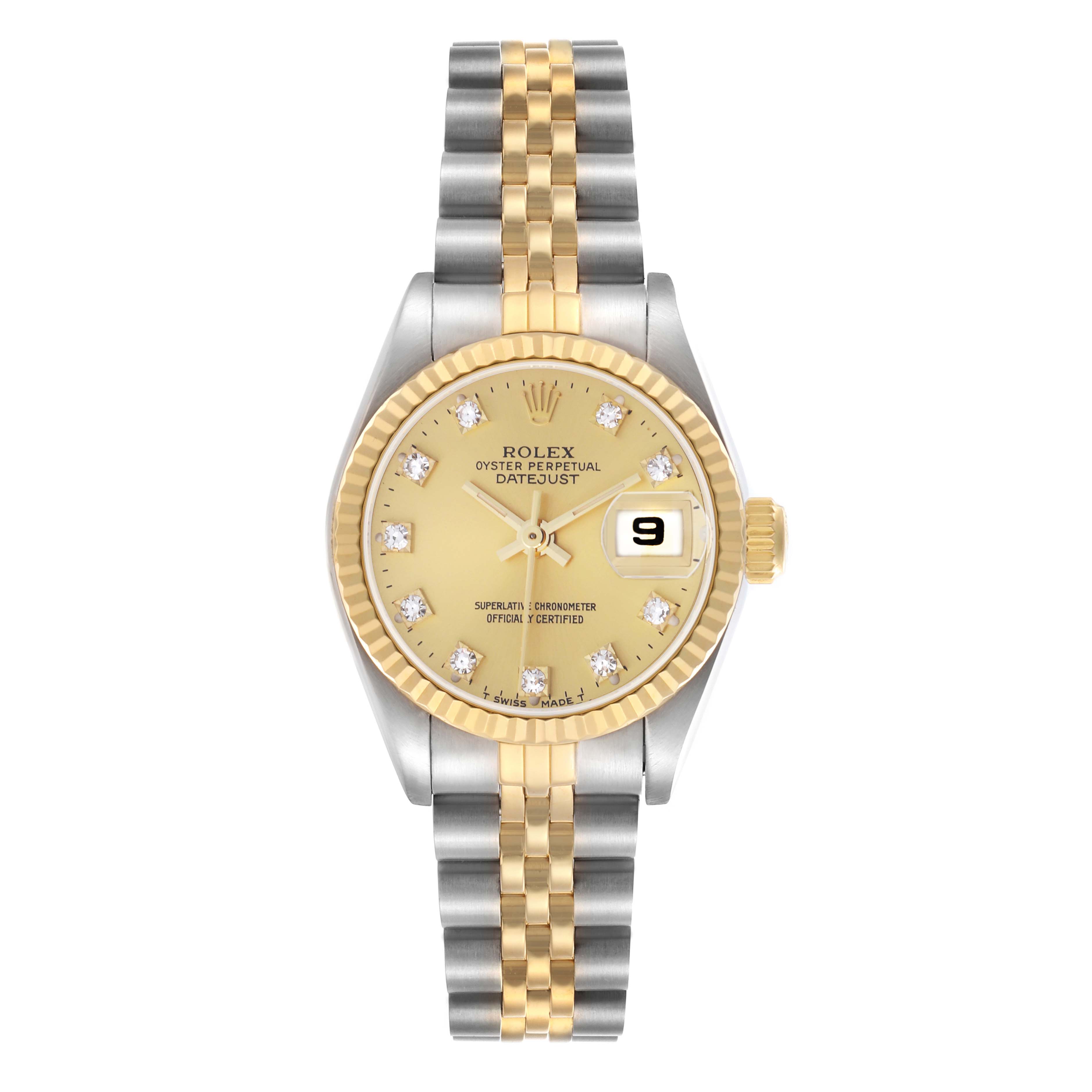 The Rolex Datejust 69173 Women's Steel and Gold (two tone) Champagne Dial 69173 Women's Steel and Gold (two tone) Champagne Dial watch is shown from a front angle, displaying the face, fluted bezel, crown, and two-tone bracelet.