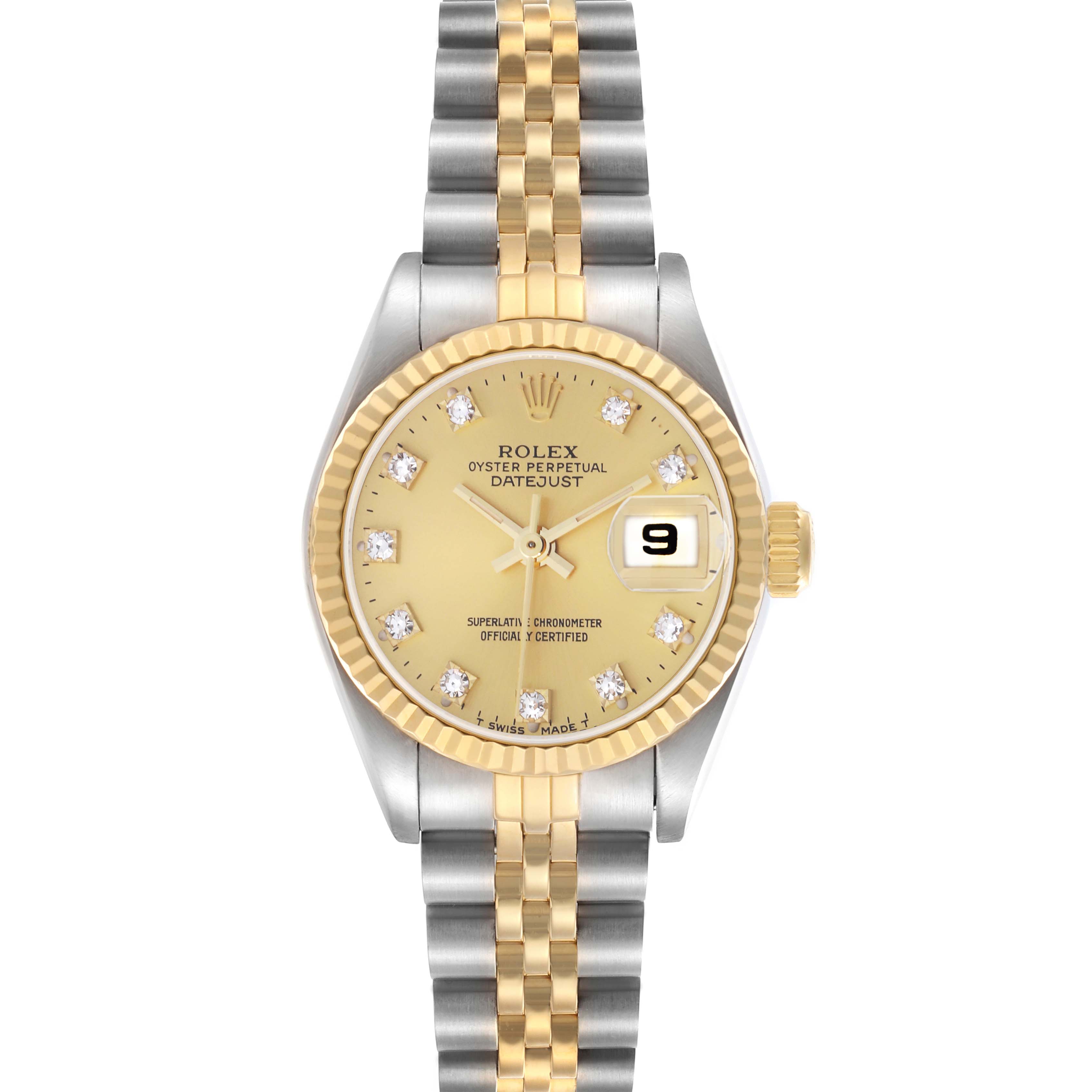 The Rolex Datejust 69173 Women's Steel and Gold (two tone) Champagne Dial 69173 Women's Steel and Gold (two tone) Champagne Dial watch is shown from a top-down angle, displaying its dial, bezel, and Jubilee bracelet.