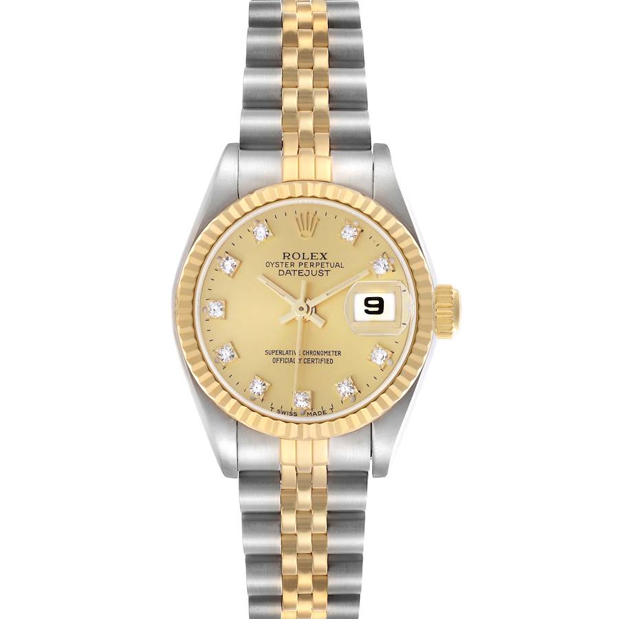 The Rolex Datejust watch is shown from a top-down angle, displaying its dial, bezel, and Jubilee bracelet.