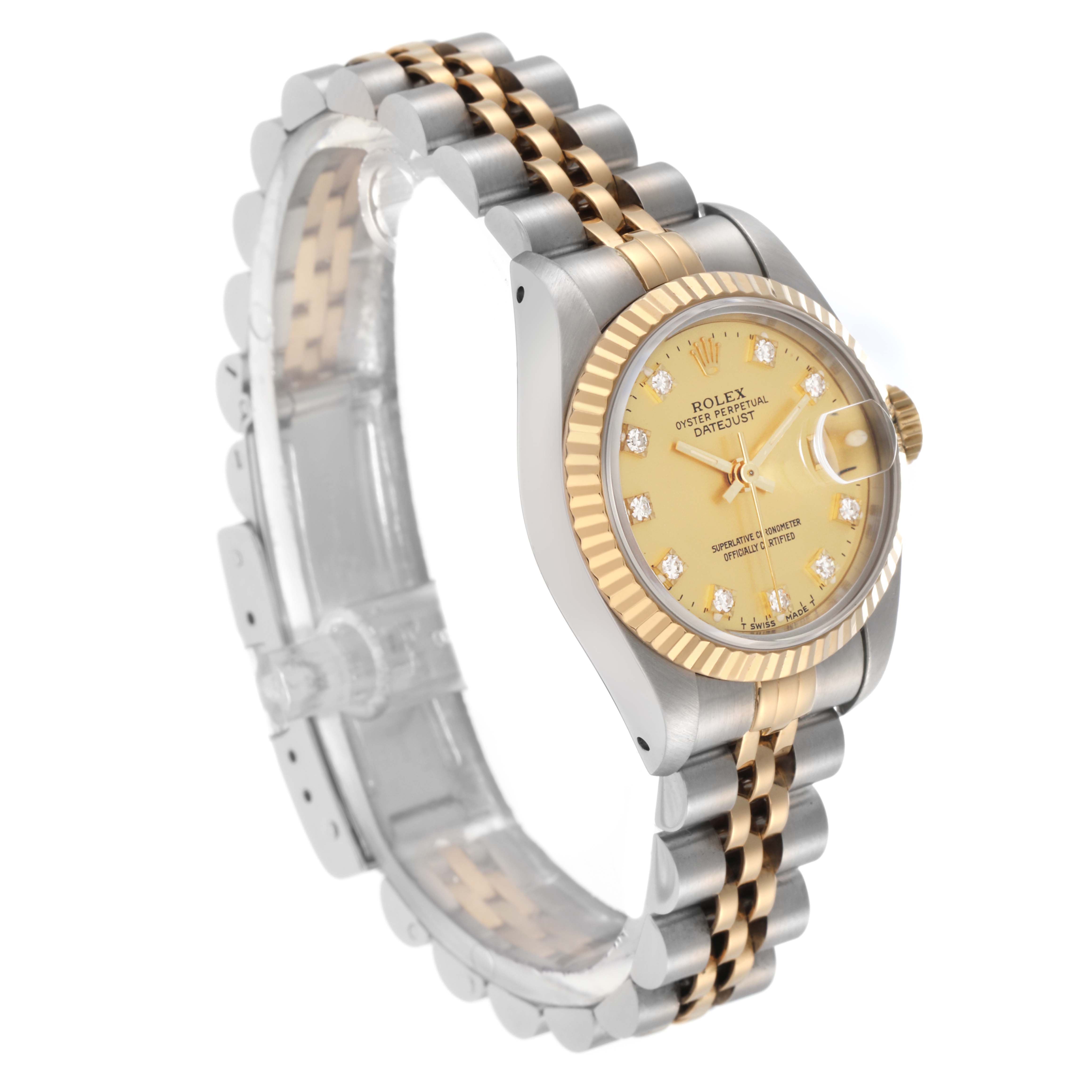 The Rolex Datejust 69173 Women's Steel and Gold (two tone) Champagne Dial 69173 Women's Steel and Gold (two tone) Champagne Dial watch is shown at a three-quarter angle, displaying the dial, bezel, crown, and bracelet clearly.