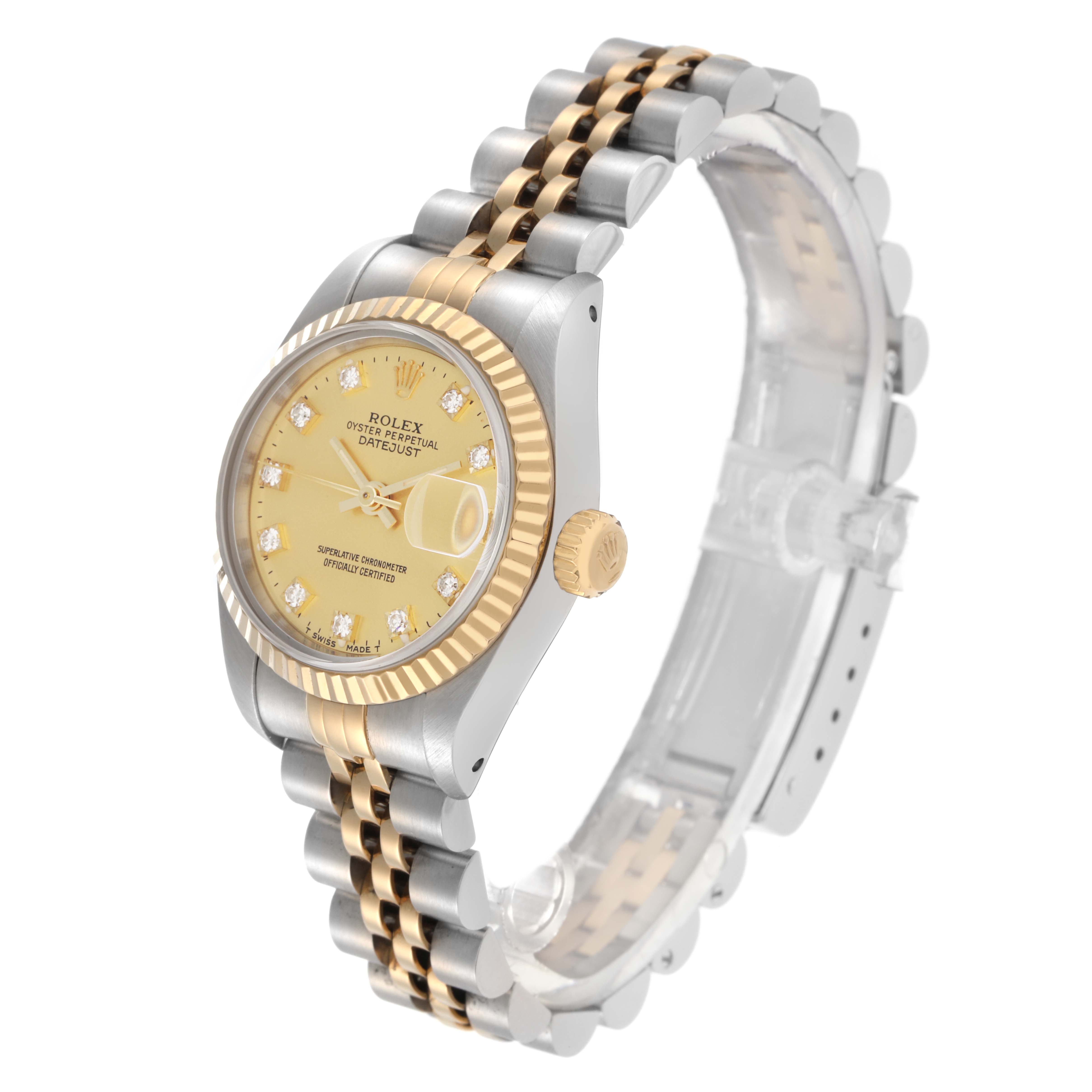 The Rolex Datejust 69173 Women's Steel and Gold (two tone) Champagne Dial 69173 Women's Steel and Gold (two tone) Champagne Dial watch is shown at a slight angle highlighting the face, fluted bezel, two-tone jubilee bracelet, and crown.