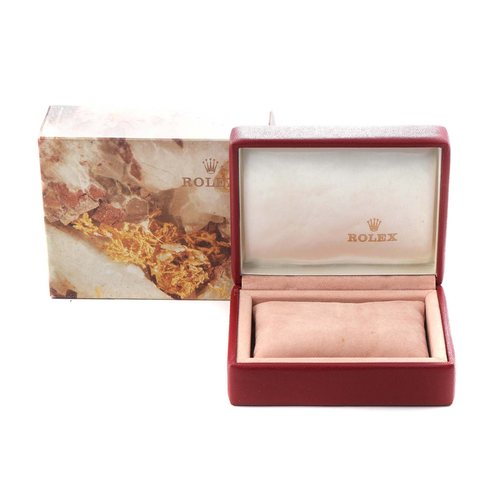 The image shows an open Rolex Datejust 69173 Women's Steel and Gold (two tone) Champagne Dial 69173 Women's Steel and Gold (two tone) Champagne Dial watch box, revealing the inner cushion, with the outer box in the background.