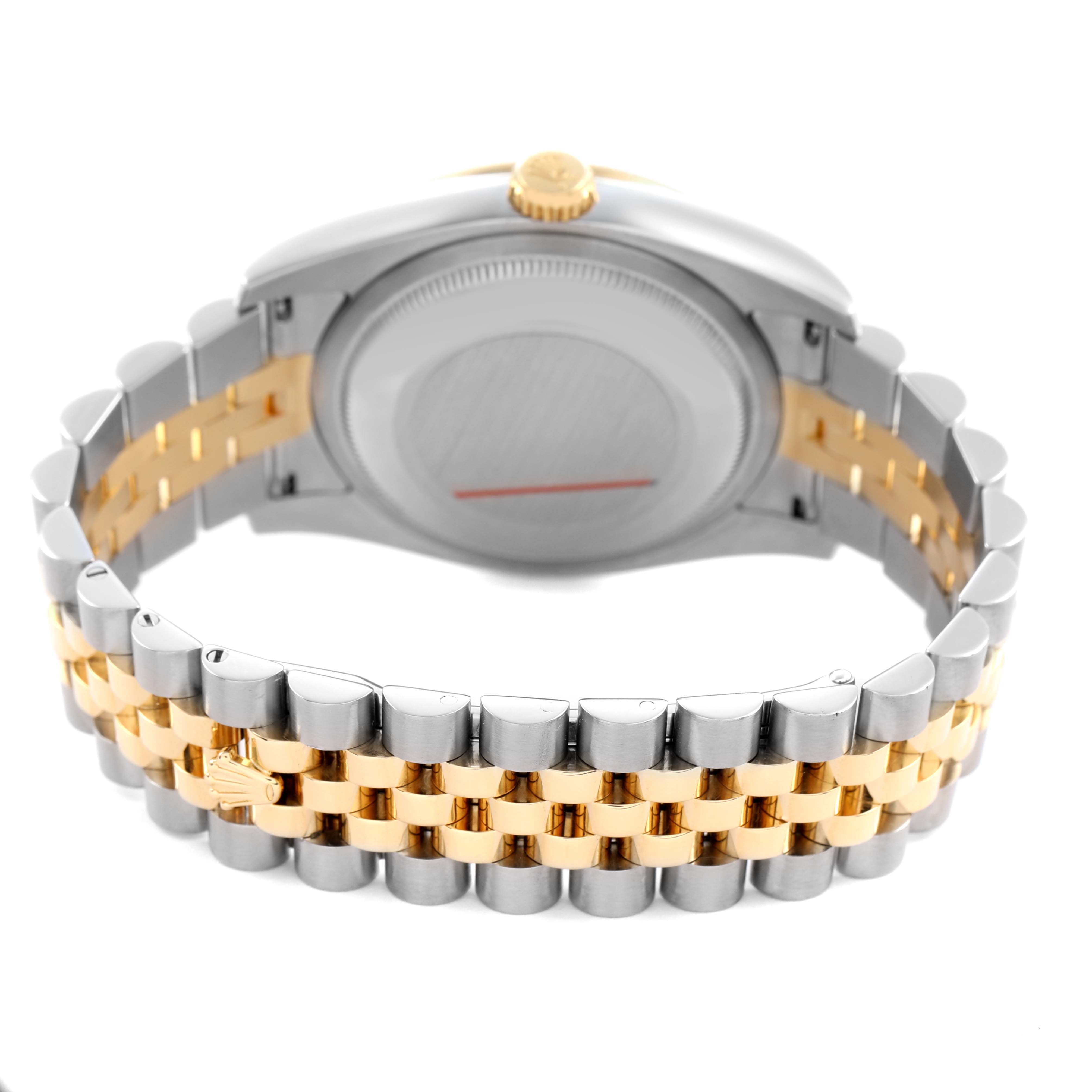 The image shows the back and side view of a Rolex Datejust 116243 Men's Steel and Gold (two tone) Black Dial, highlighting its jubilee bracelet and case back.