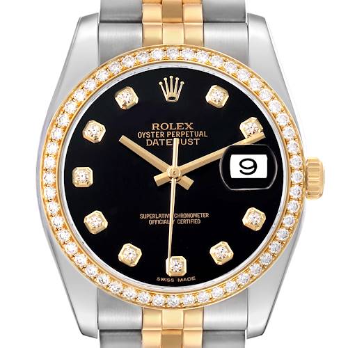 The Rolex Datejust 116243 Men's Steel and Gold (two tone) Black Dial watch is shown from a front angle, highlighting the face, bezel, and part of the bracelet.