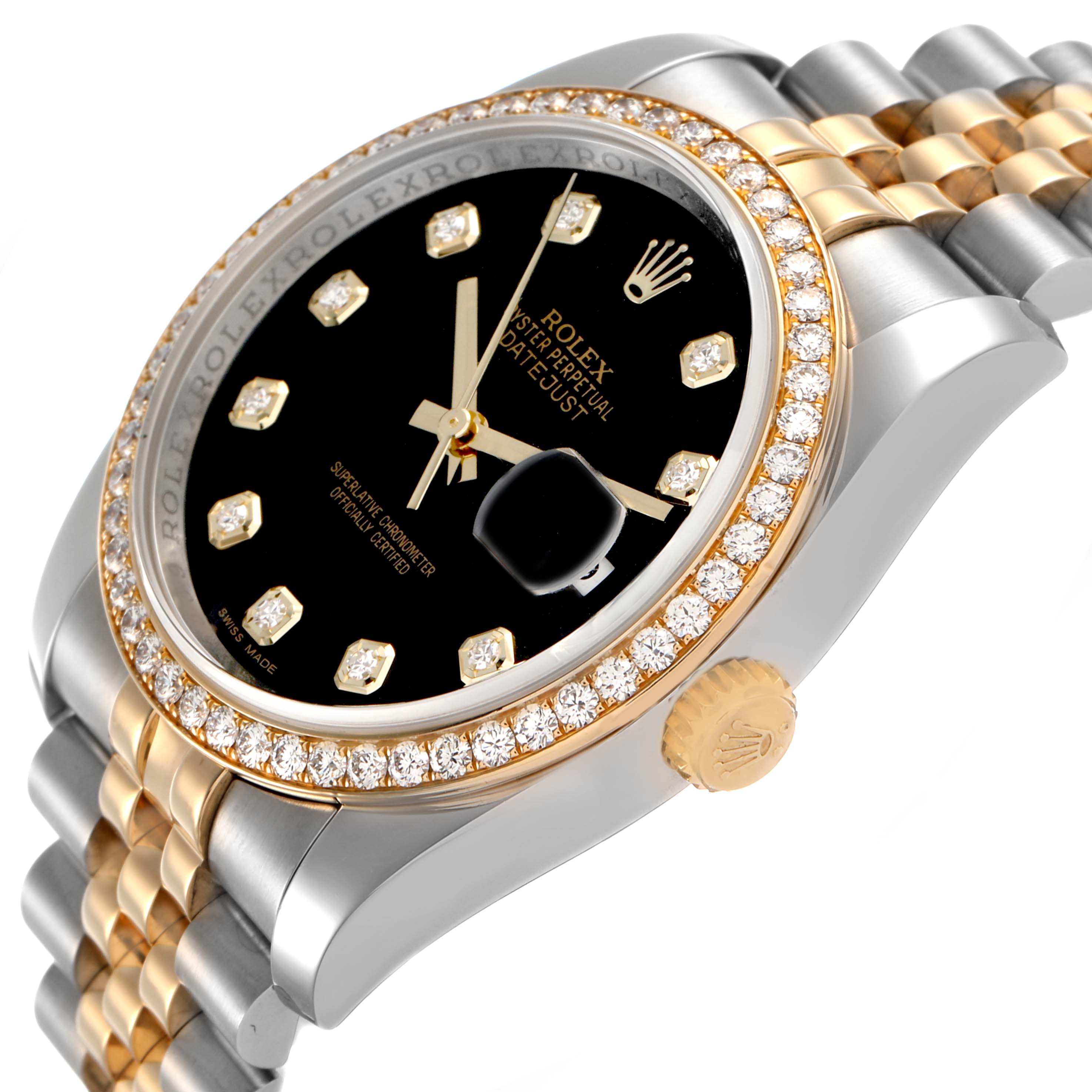 The Rolex Datejust 116243 Men's Steel and Gold (two tone) Black Dial watch is shown at an angled side view, highlighting the dial, bezel, crown, and bracelet.