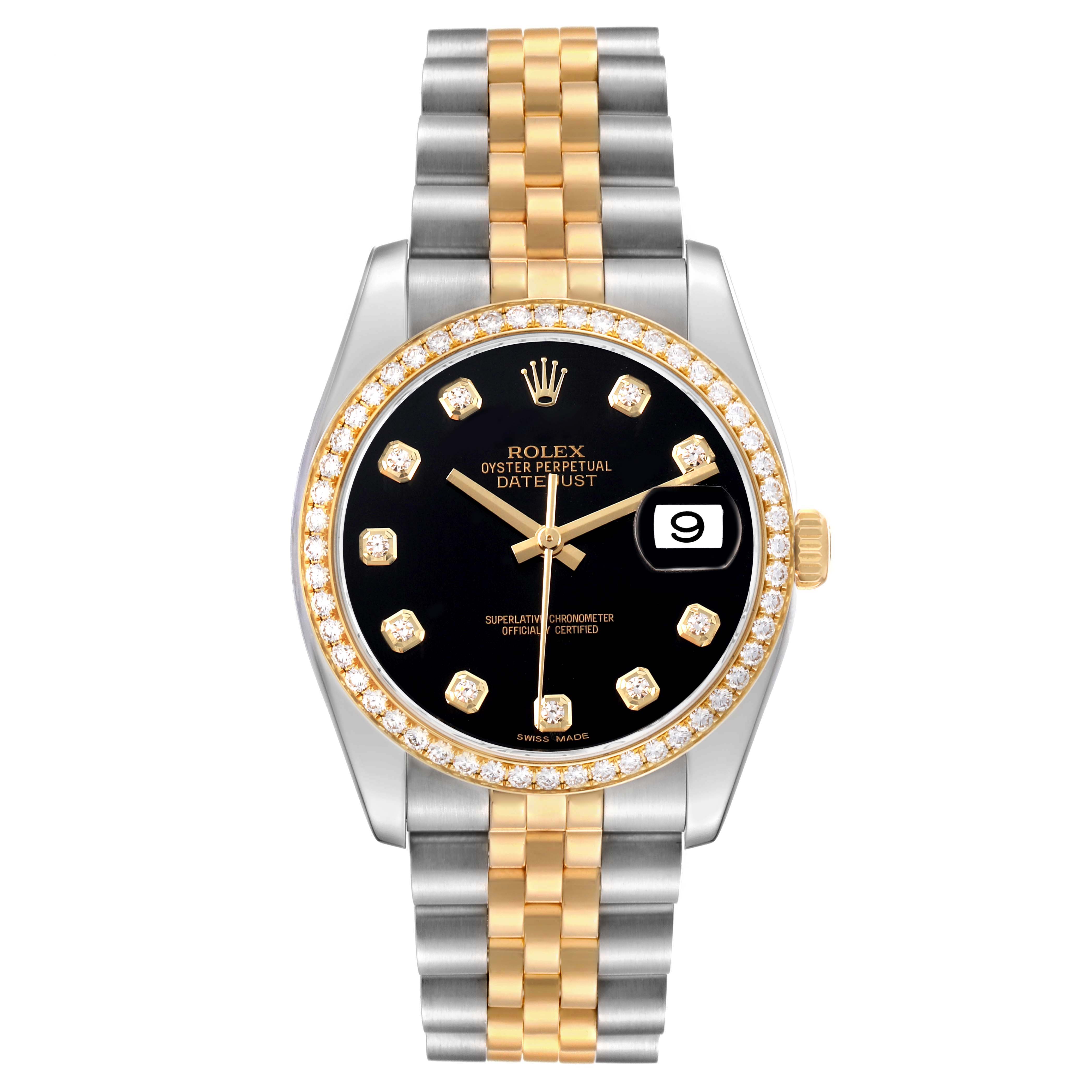 The Rolex Datejust 116243 Men's Steel and Gold (two tone) Black Dial is shown from the front, displaying the dial, bezel, and bracelet.