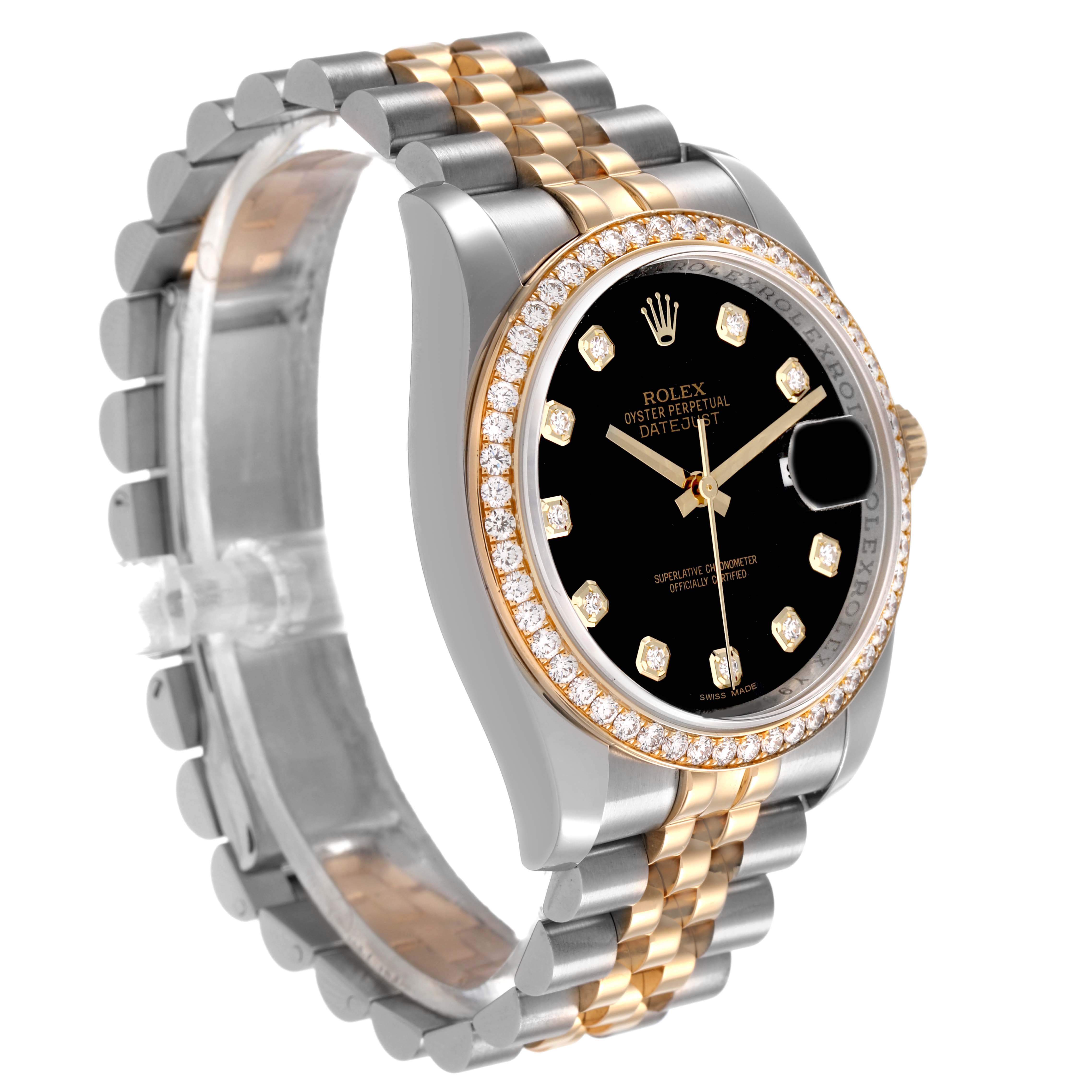 The Rolex Datejust 116243 Men's Steel and Gold (two tone) Black Dial watch is shown from a front-left angle, highlighting the face, bezel, and two-tone bracelet.