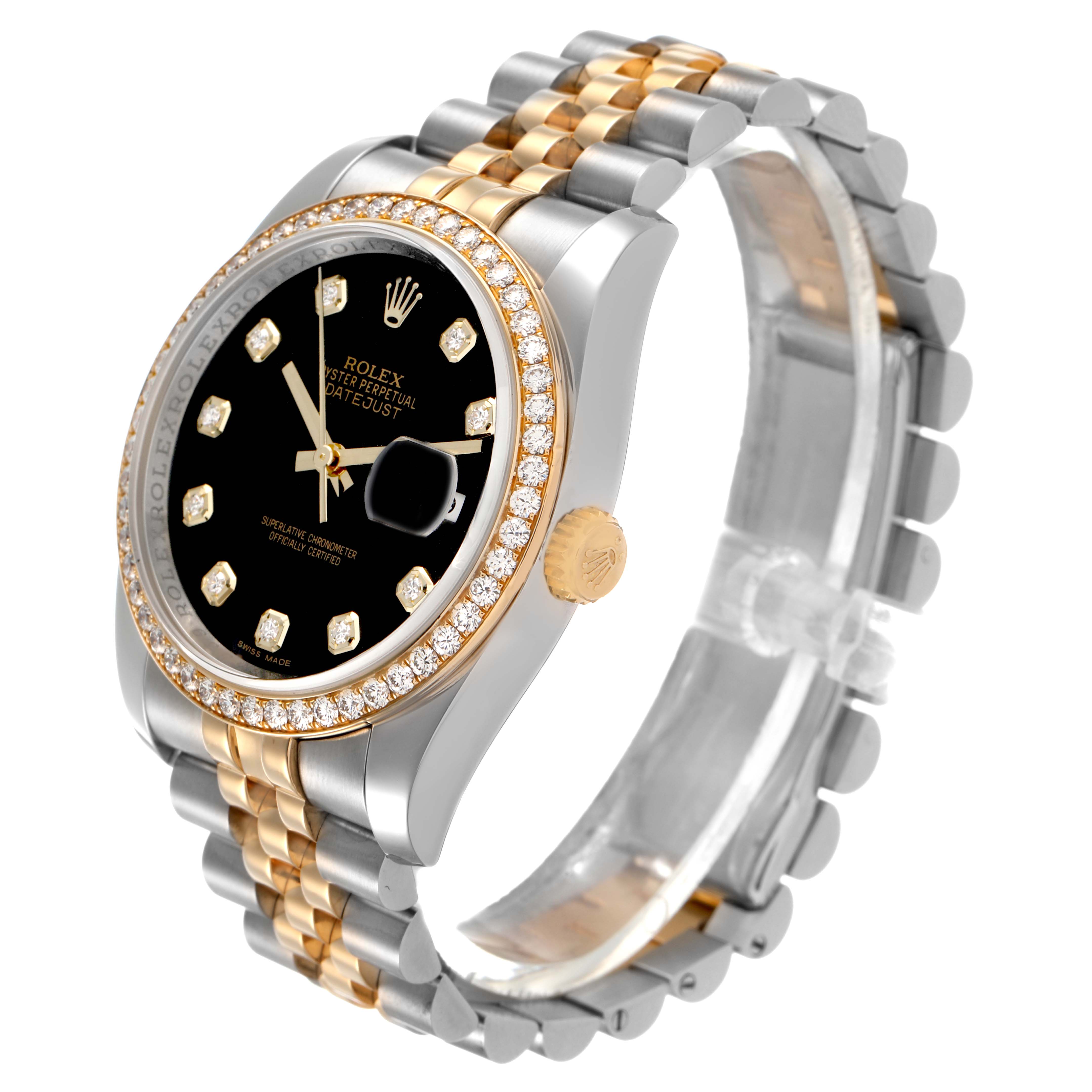 The Rolex Datejust 116243 Men's Steel and Gold (two tone) Black Dial watch is shown at a three-quarter angle, revealing the bezel, crown, bracelet, and black dial with diamond indices.