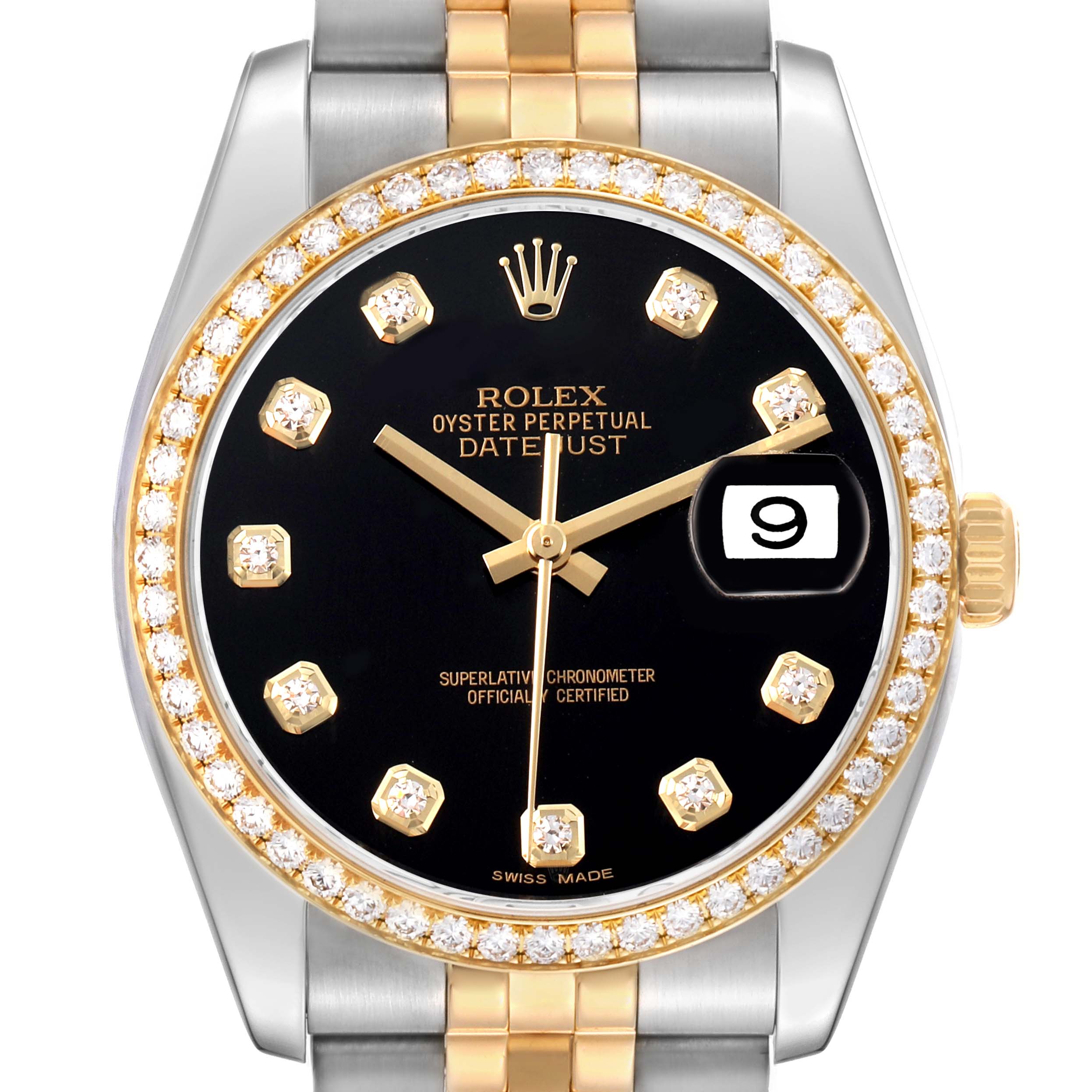 The Rolex Datejust 116243 Men's Steel and Gold (two tone) Black Dial watch is shown from a front angle, displaying its black dial, diamond indices, gold bezel, and two-tone bracelet.