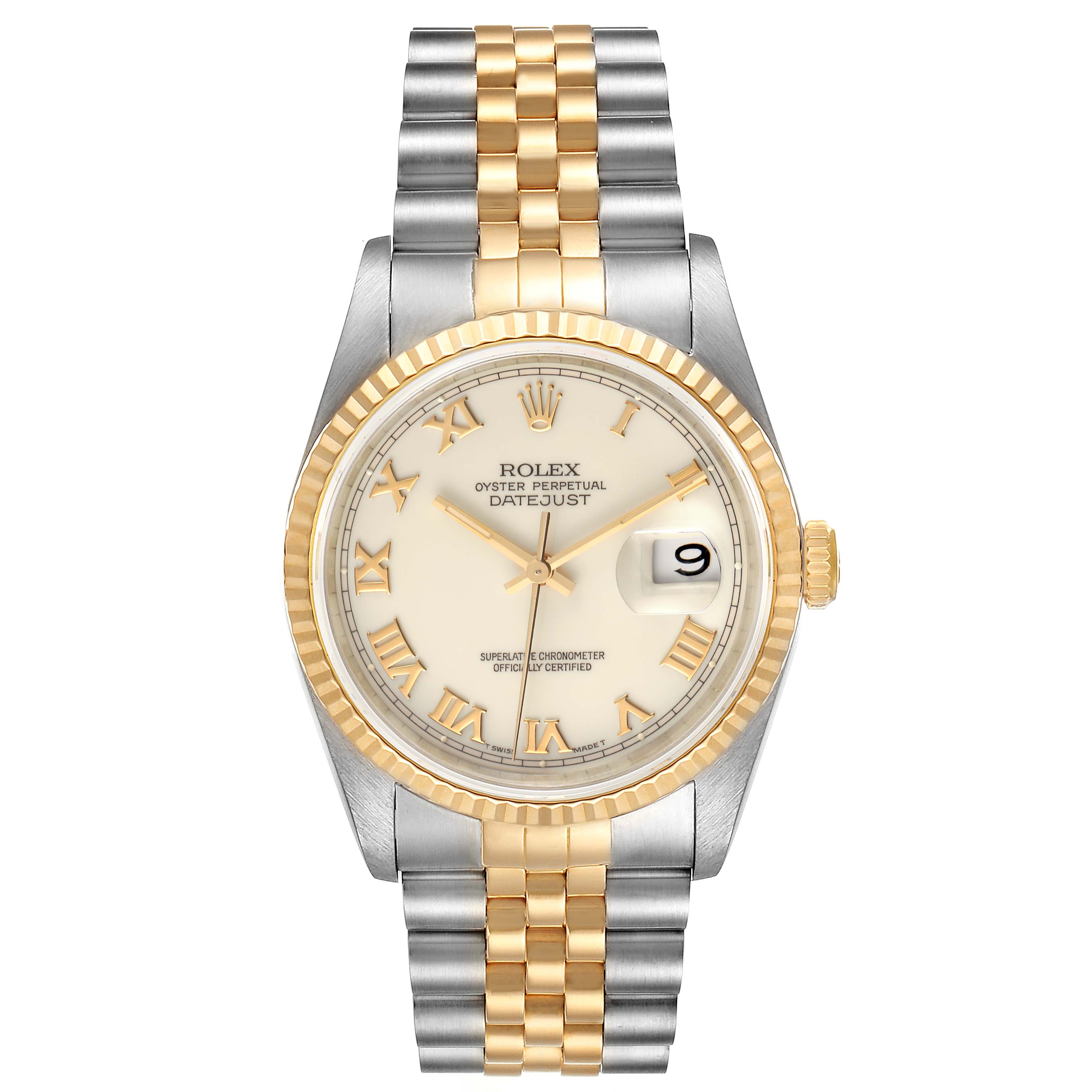 The image shows a front view of a Rolex Datejust 16233 Men's Steel and Gold (two tone) Beige Dial 16233 Men's Steel and Gold (two tone) Beige Dial watch displaying the dial, hands, date window, and two-tone bracelet.