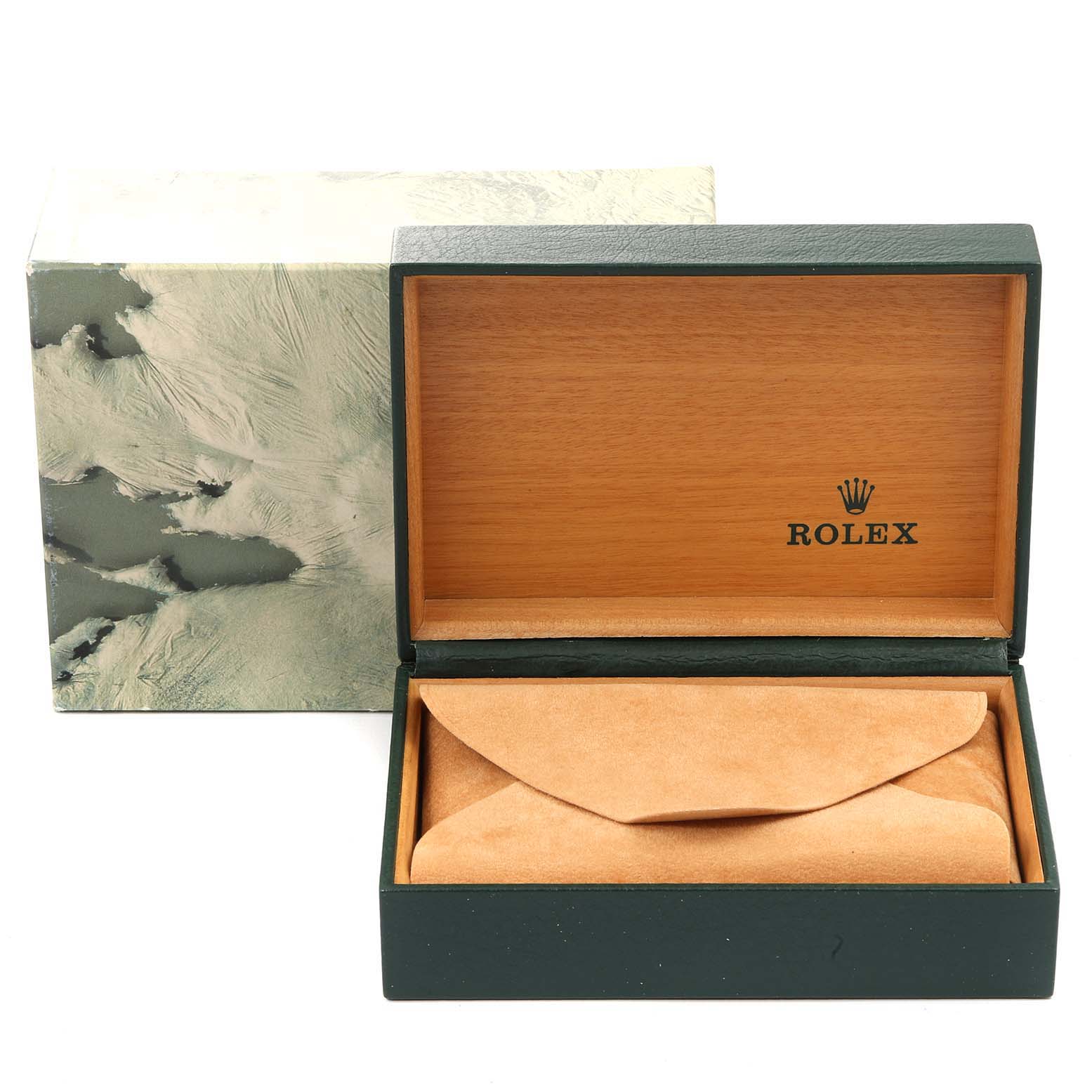 The image shows an open Rolex Datejust 16233 Men's Steel and Gold (two tone) Beige Dial 16233 Men's Steel and Gold (two tone) Beige Dial watch box with a green exterior and wooden interior, along with a tan pouch inside.