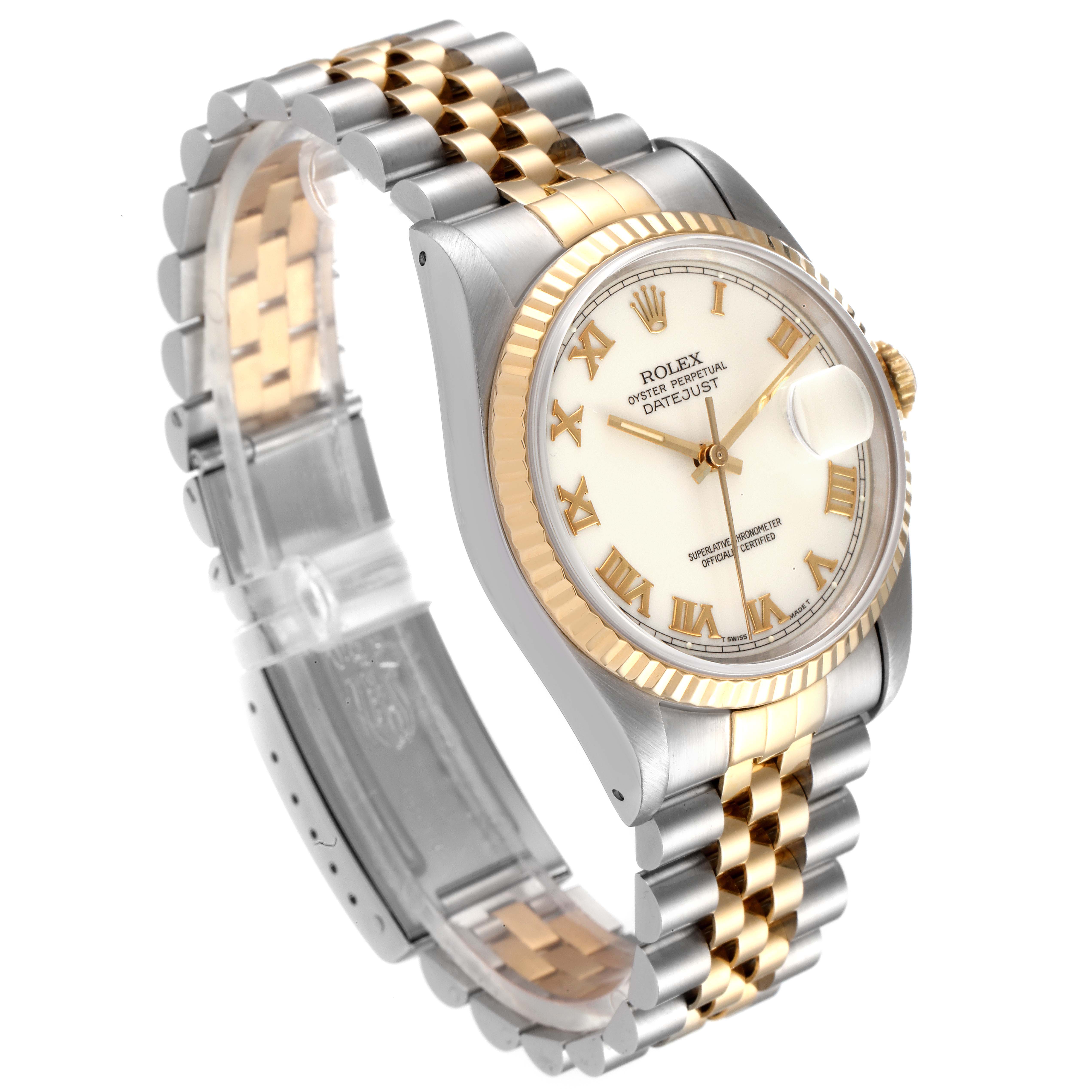 This image shows a Rolex Datejust 16233 Men's Steel and Gold (two tone) Beige Dial 16233 Men's Steel and Gold (two tone) Beige Dial watch at a three-quarter angle, highlighting the dial, bezel, crown, and bracelet.