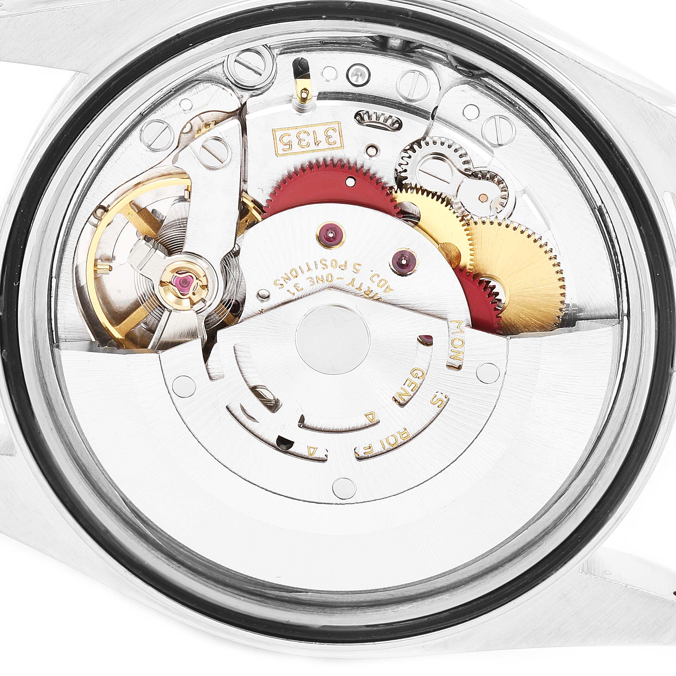 This is a close-up view of the internal mechanism of the Rolex Datejust 16233 Men's Steel and Gold (two tone) Beige Dial 16233 Men's Steel and Gold (two tone) Beige Dial watch, showing intricate gears and components.