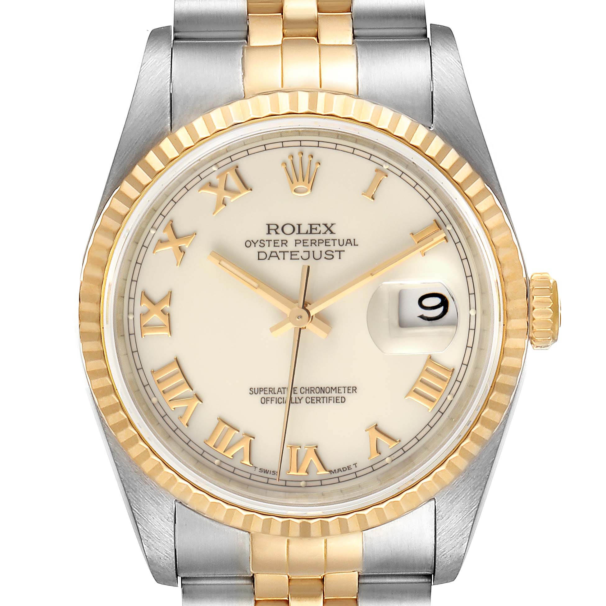 This Rolex Datejust 16233 Men's Steel and Gold (two tone) Beige Dial 16233 Men's Steel and Gold (two tone) Beige Dial watch is shown from a front angle, highlighting its dial, bezel, hands, and part of its two-tone bracelet.