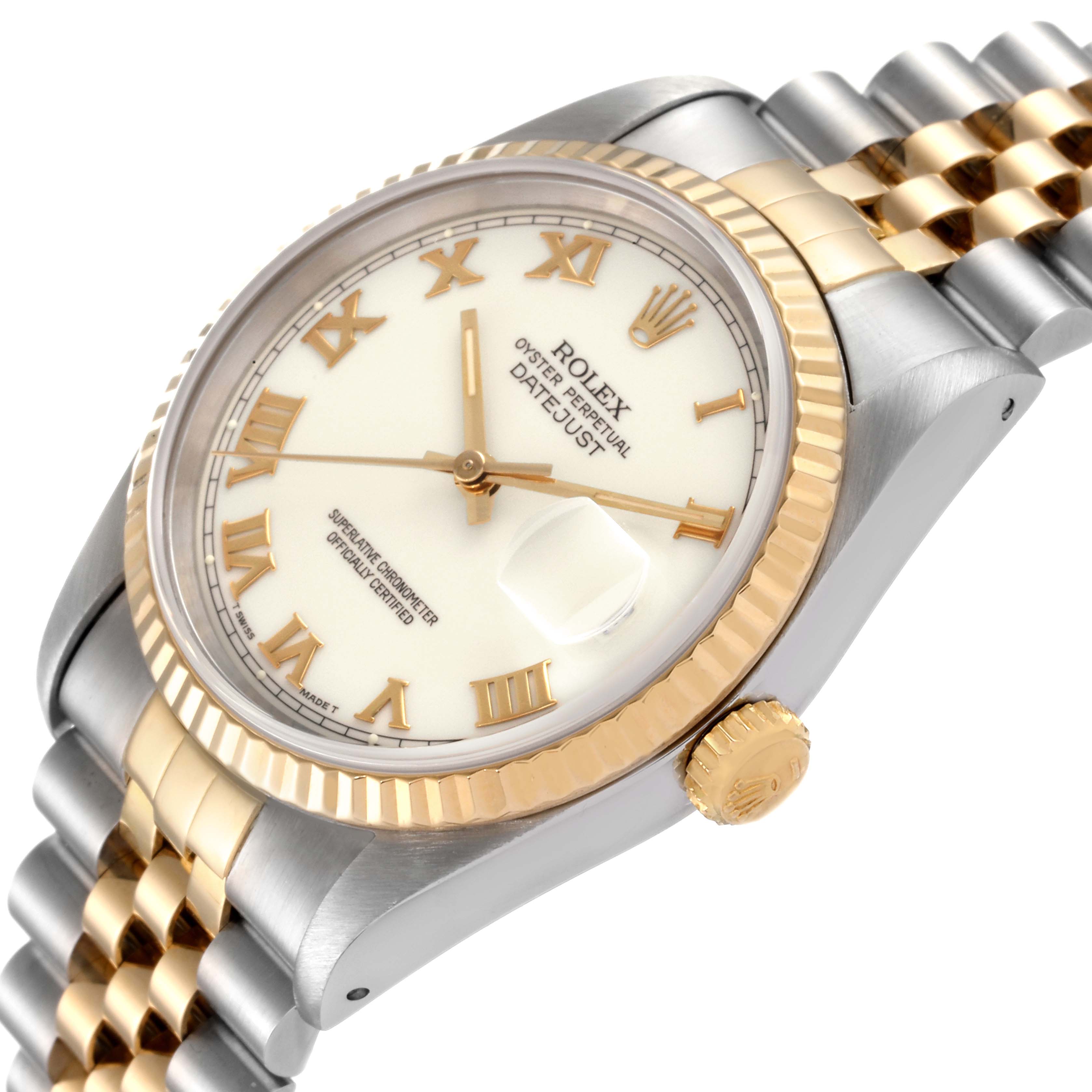 This image shows a tilted view of the Rolex Datejust 16233 Men's Steel and Gold (two tone) Beige Dial 16233 Men's Steel and Gold (two tone) Beige Dial, highlighting its face, bezel, crown, and two-tone bracelet.