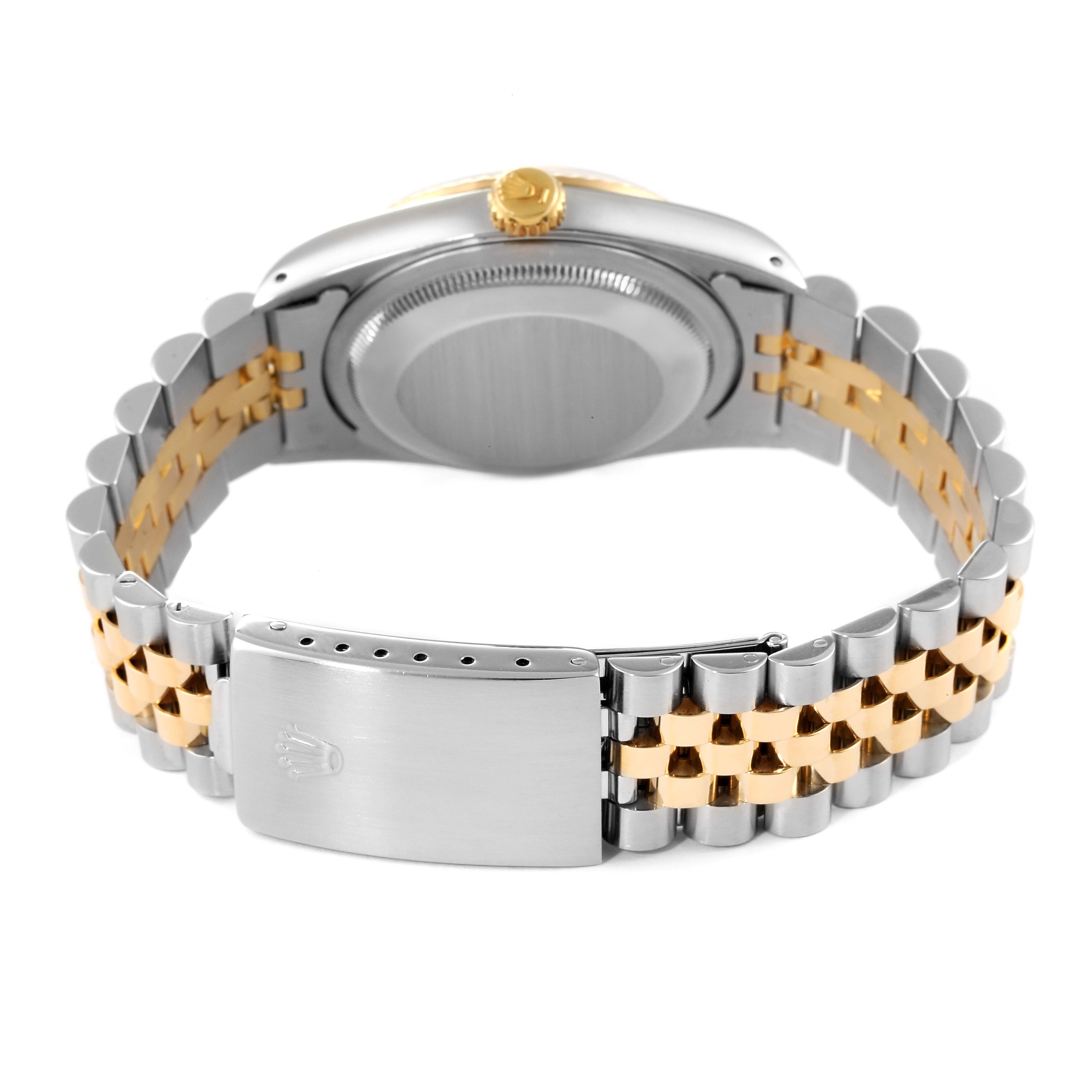 This image shows the back case and bracelet of a Rolex Datejust 16233 Men's Steel and Gold (two tone) Beige Dial 16233 Men's Steel and Gold (two tone) Beige Dial watch, highlighting the stainless steel and gold Jubilee bracelet.