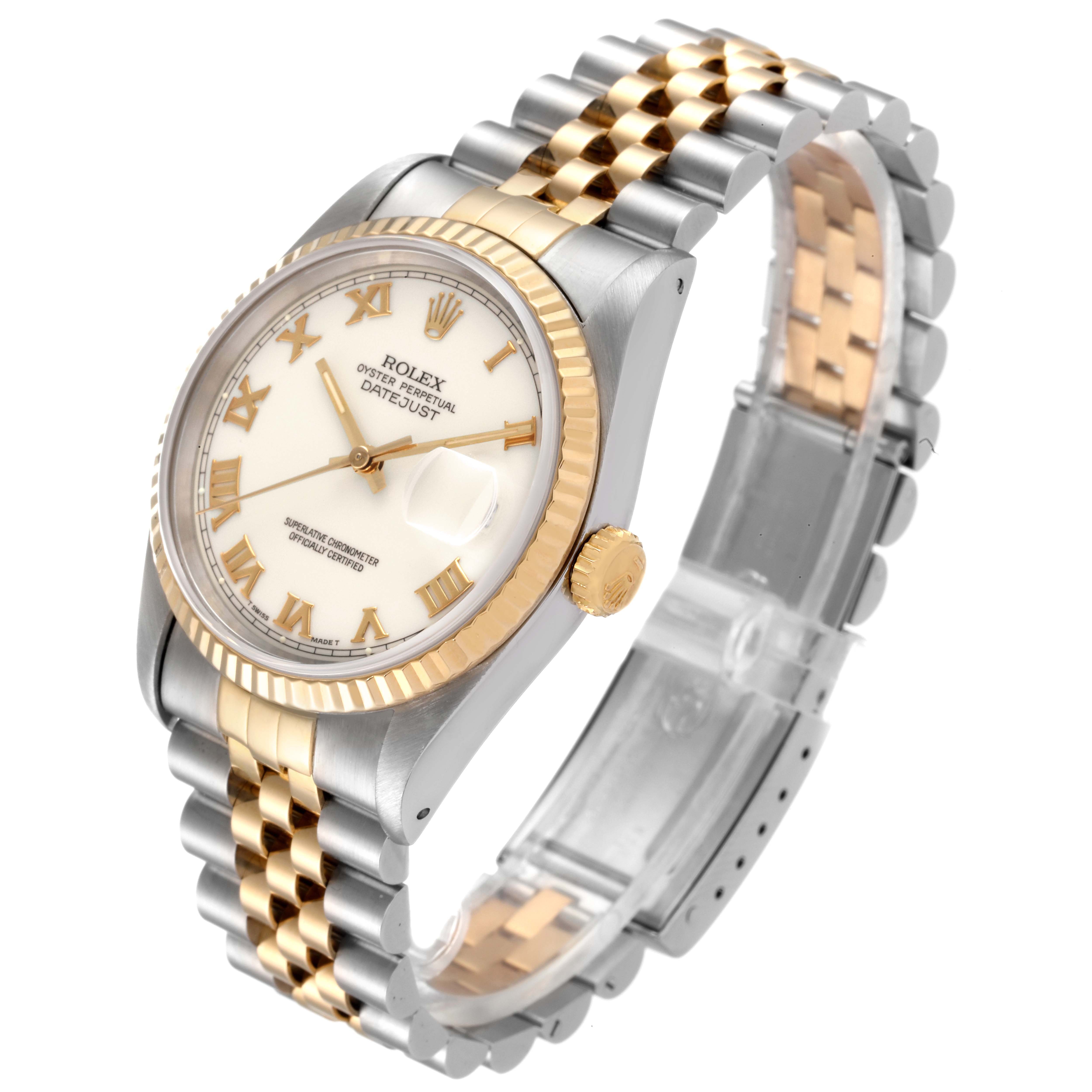 This image shows the front and side of a Rolex Datejust 16233 Men's Steel and Gold (two tone) Beige Dial 16233 Men's Steel and Gold (two tone) Beige Dial watch, focusing on the dial, bezel, crown, and bracelet.