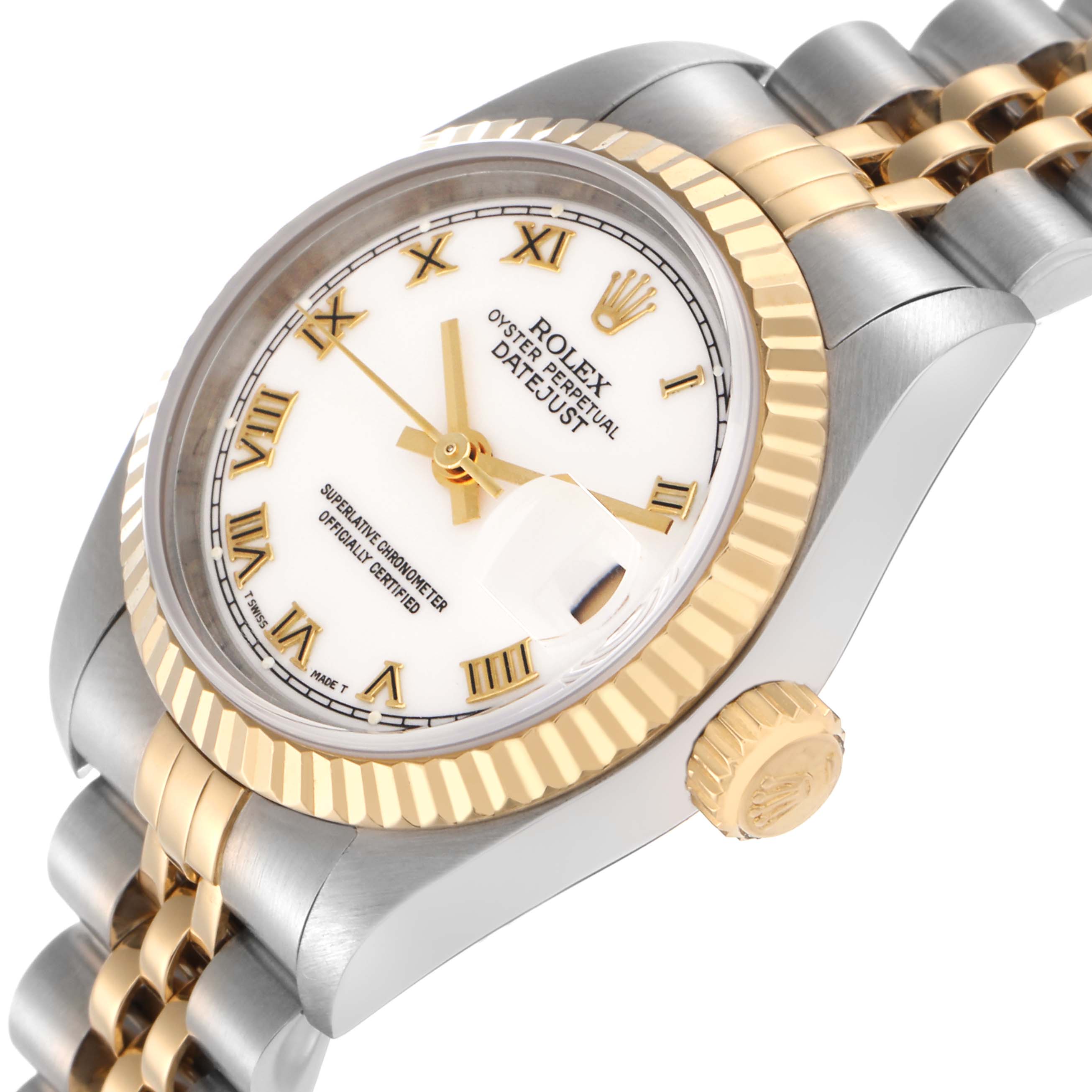 The Rolex Datejust 79173 Women's Steel and Gold (two tone) White Dial 79173 Women's Steel and Gold (two tone) White Dial is shown from an angled side view, highlighting the gold and silver bracelet, crown, and fluted bezel.