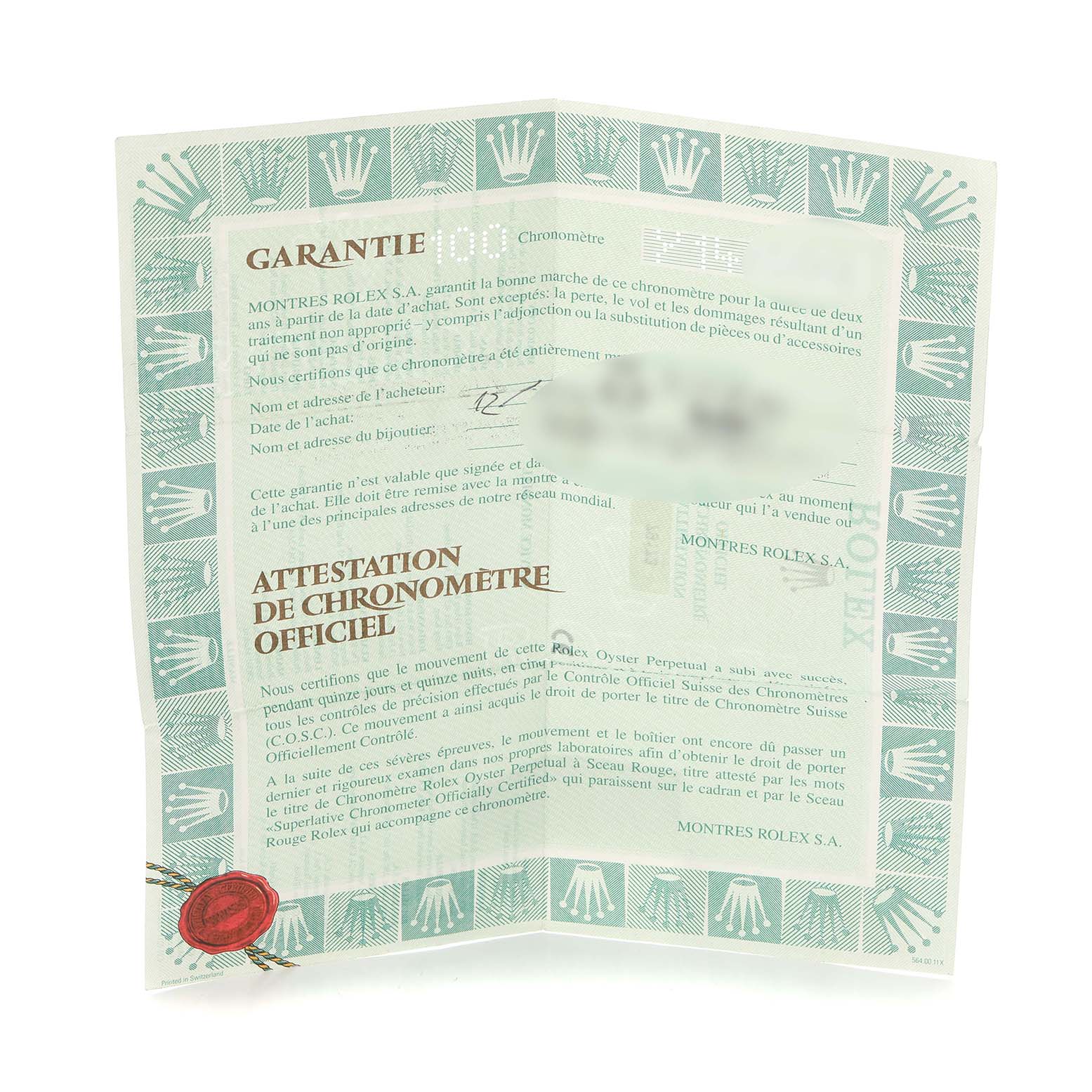 The image shows the guarantee certificate for a Rolex Datejust 79173 Women's Steel and Gold (two tone) White Dial 79173 Women's Steel and Gold (two tone) White Dial watch.