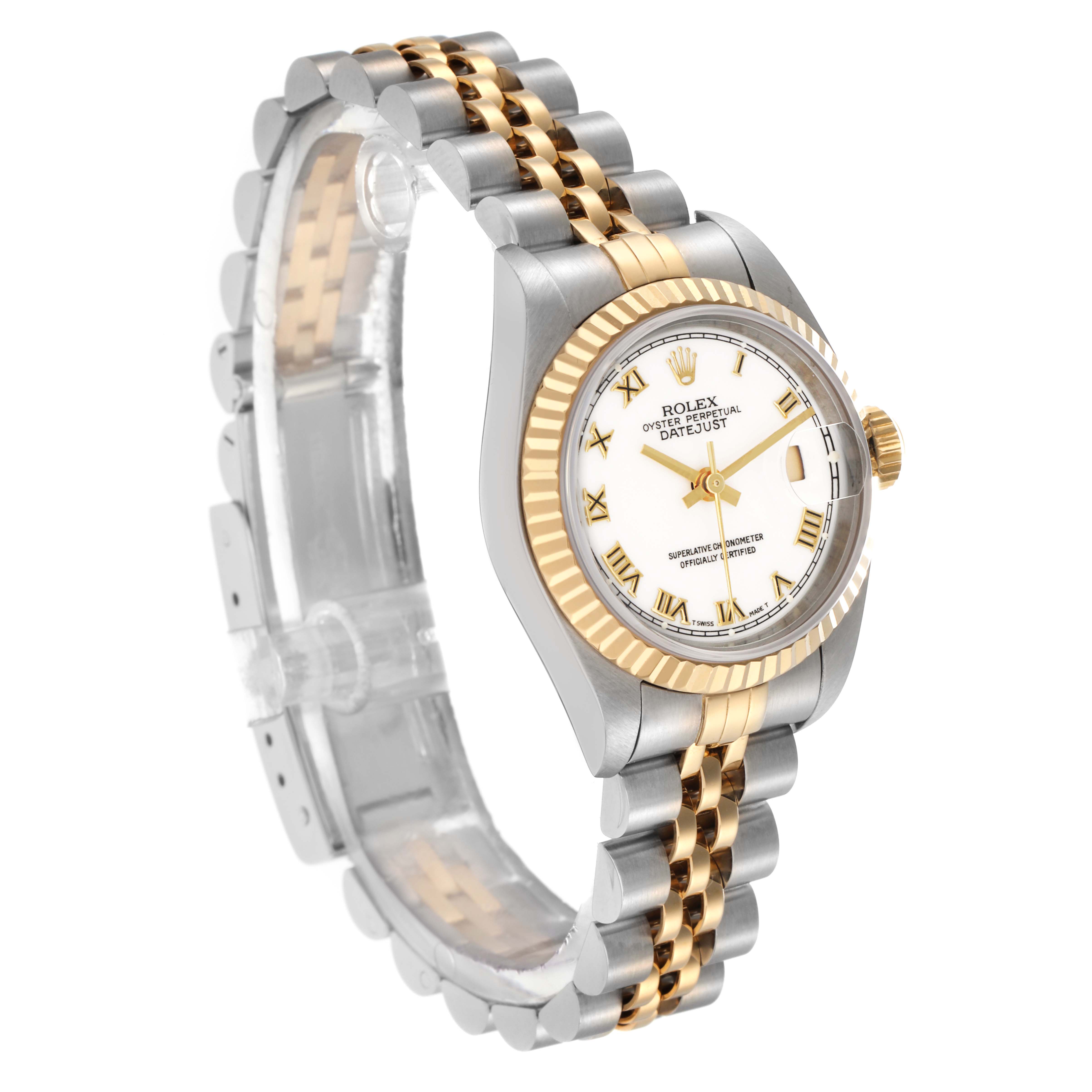 The Rolex Datejust 79173 Women's Steel and Gold (two tone) White Dial 79173 Women's Steel and Gold (two tone) White Dial watch is shown at a slight angle, highlighting the face, fluted bezel, and two-tone bracelet.