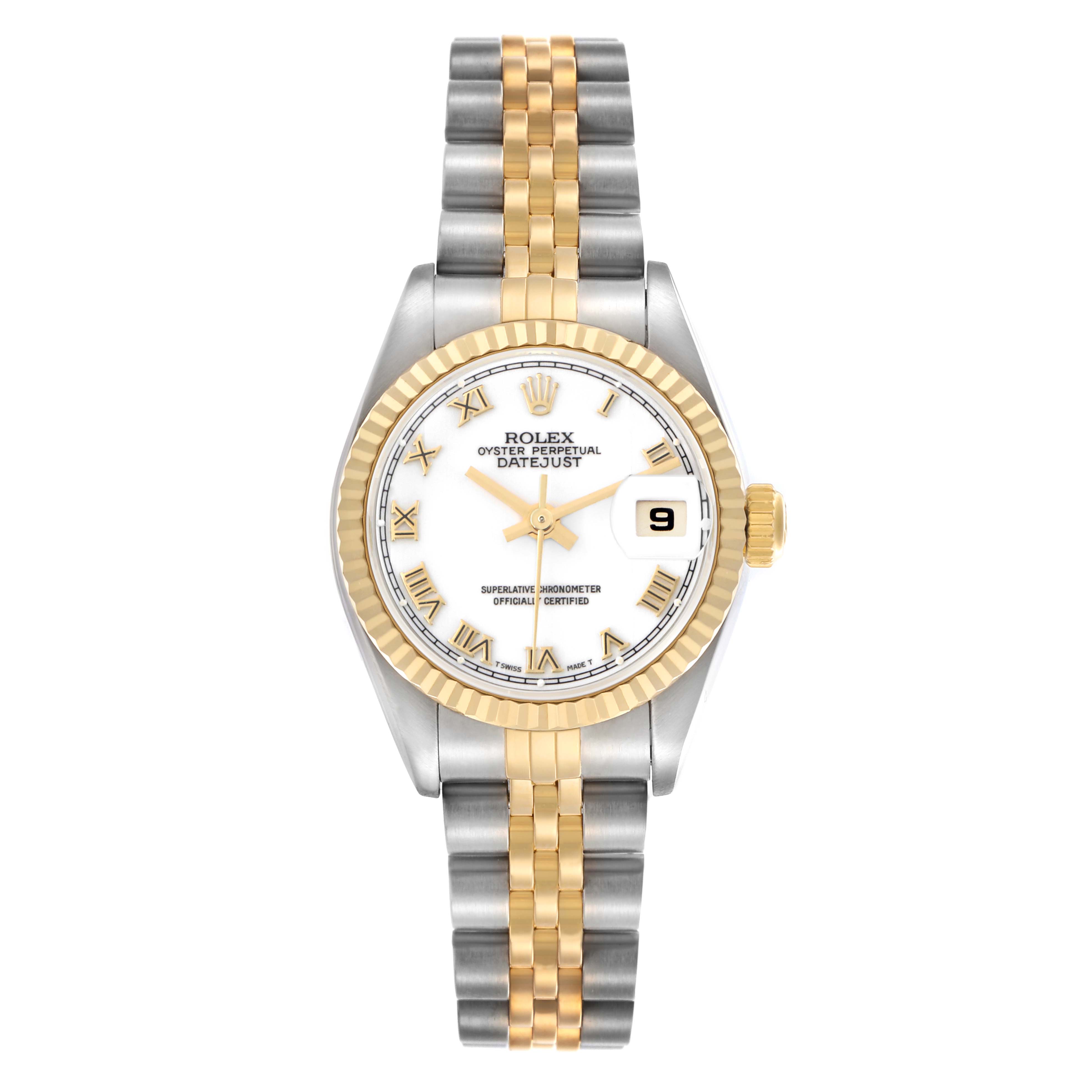 The Rolex Datejust 79173 Women's Steel and Gold (two tone) White Dial 79173 Women's Steel and Gold (two tone) White Dial watch is shown from a top-down angle, displaying the dial, bezel, and two-tone bracelet.