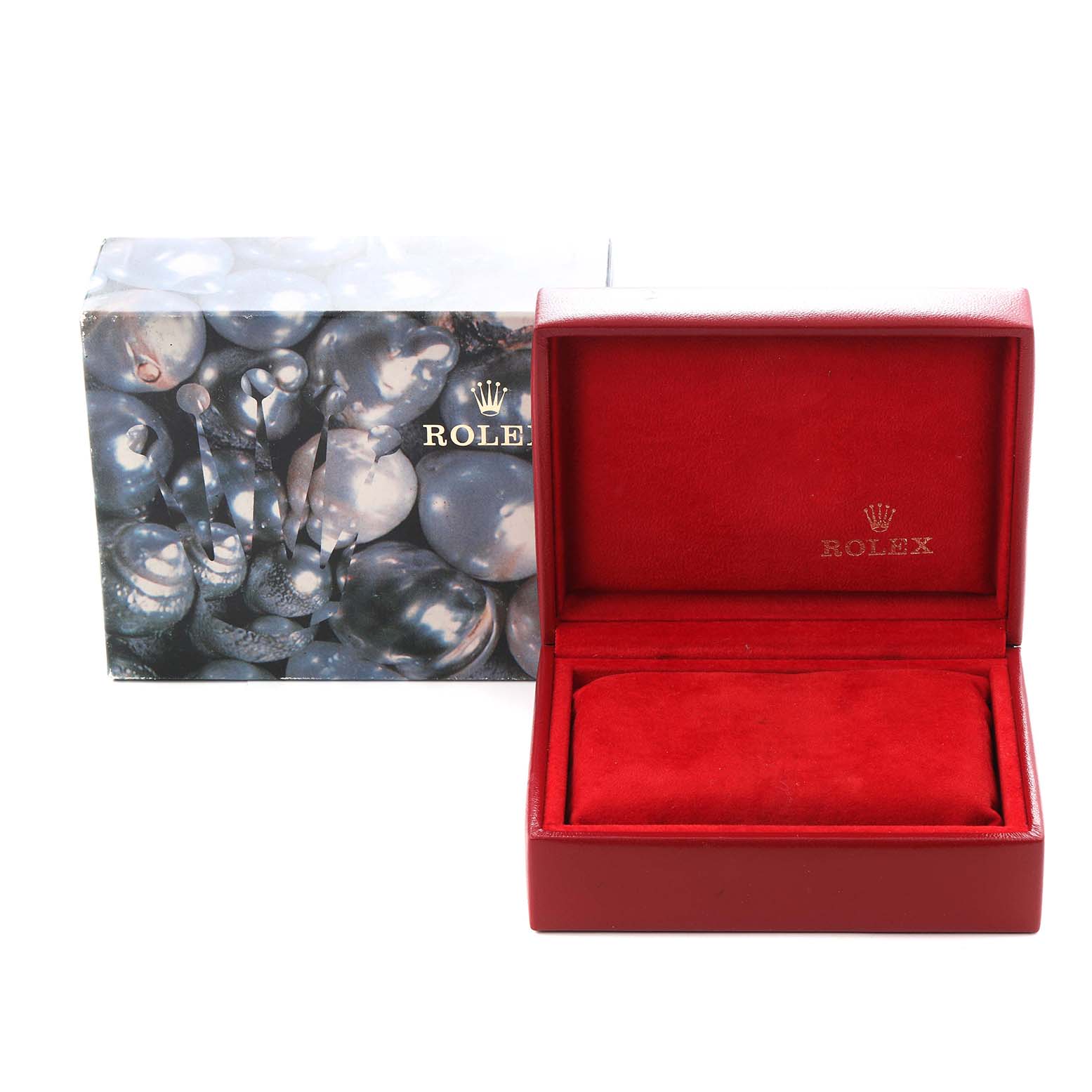 This image shows a Rolex Datejust 79173 Women's Steel and Gold (two tone) White Dial 79173 Women's Steel and Gold (two tone) White Dial watch box with a closed outer box and an open red interior.