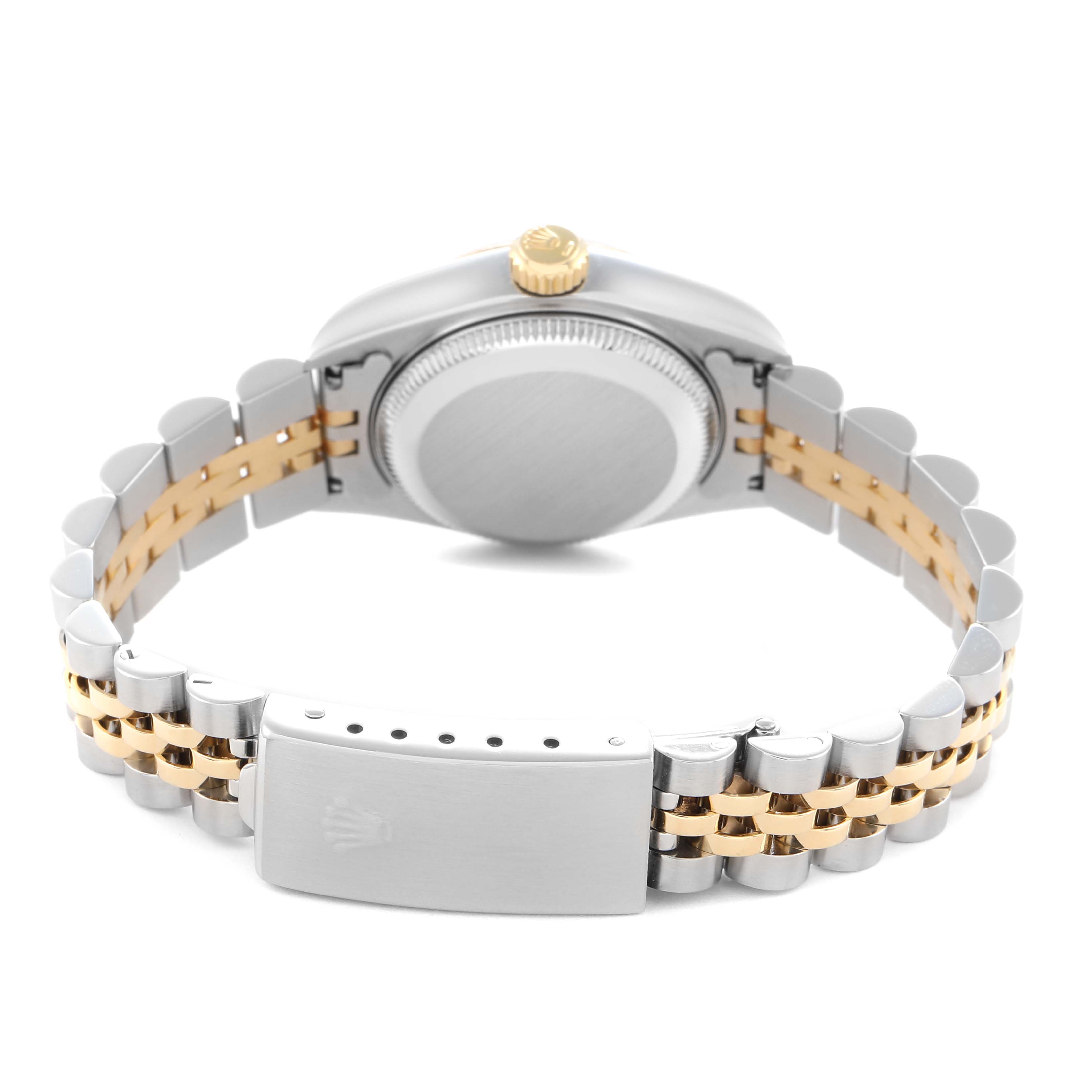 The image shows the back of a Rolex Datejust 79173 Women's Steel and Gold (two tone) White Dial 79173 Women's Steel and Gold (two tone) White Dial, focusing on the closed clasp and two-tone bracelet.