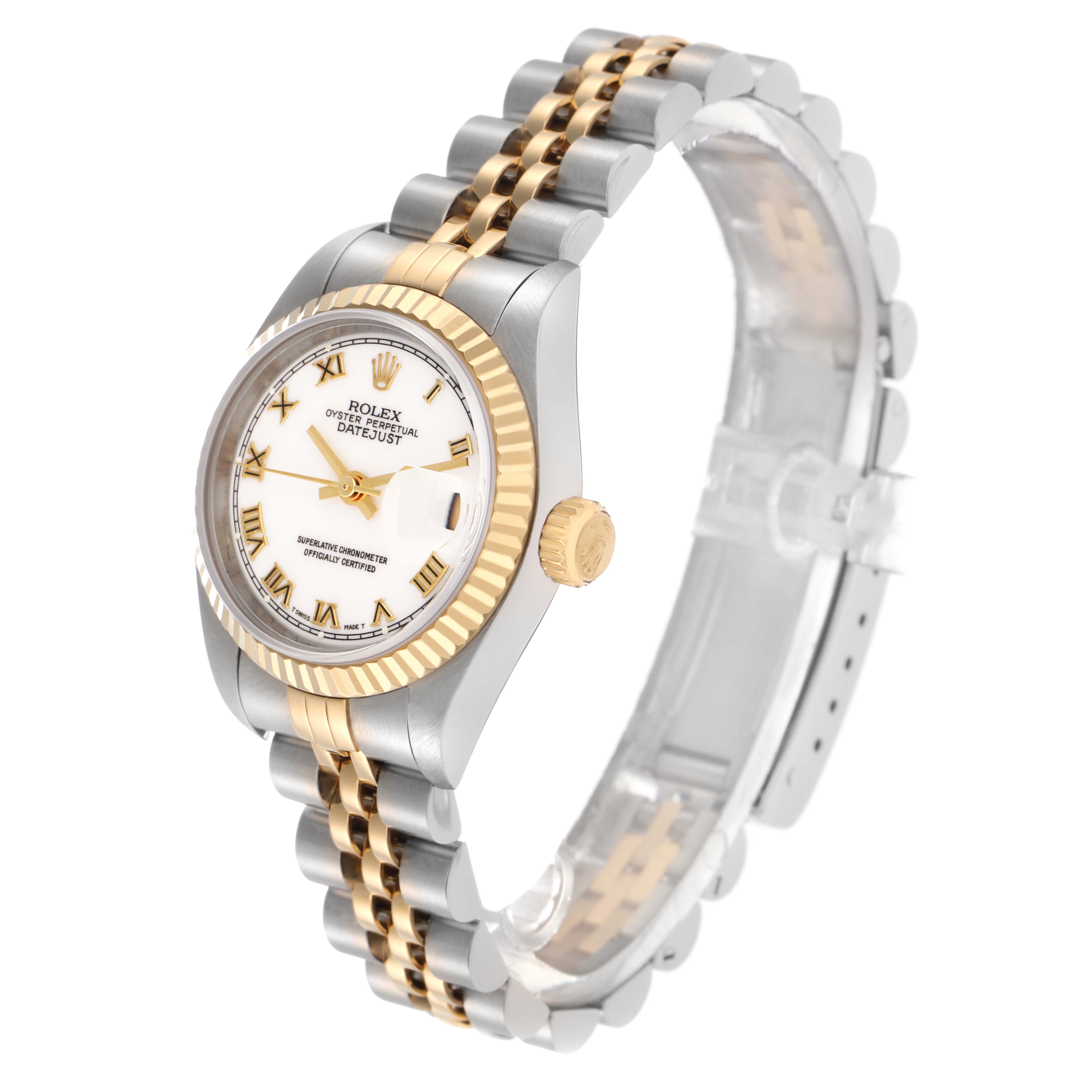The Rolex Datejust 79173 Women's Steel and Gold (two tone) White Dial 79173 Women's Steel and Gold (two tone) White Dial watch is shown at an angled side view displaying its face, bezel, crown, and part of the bracelet.