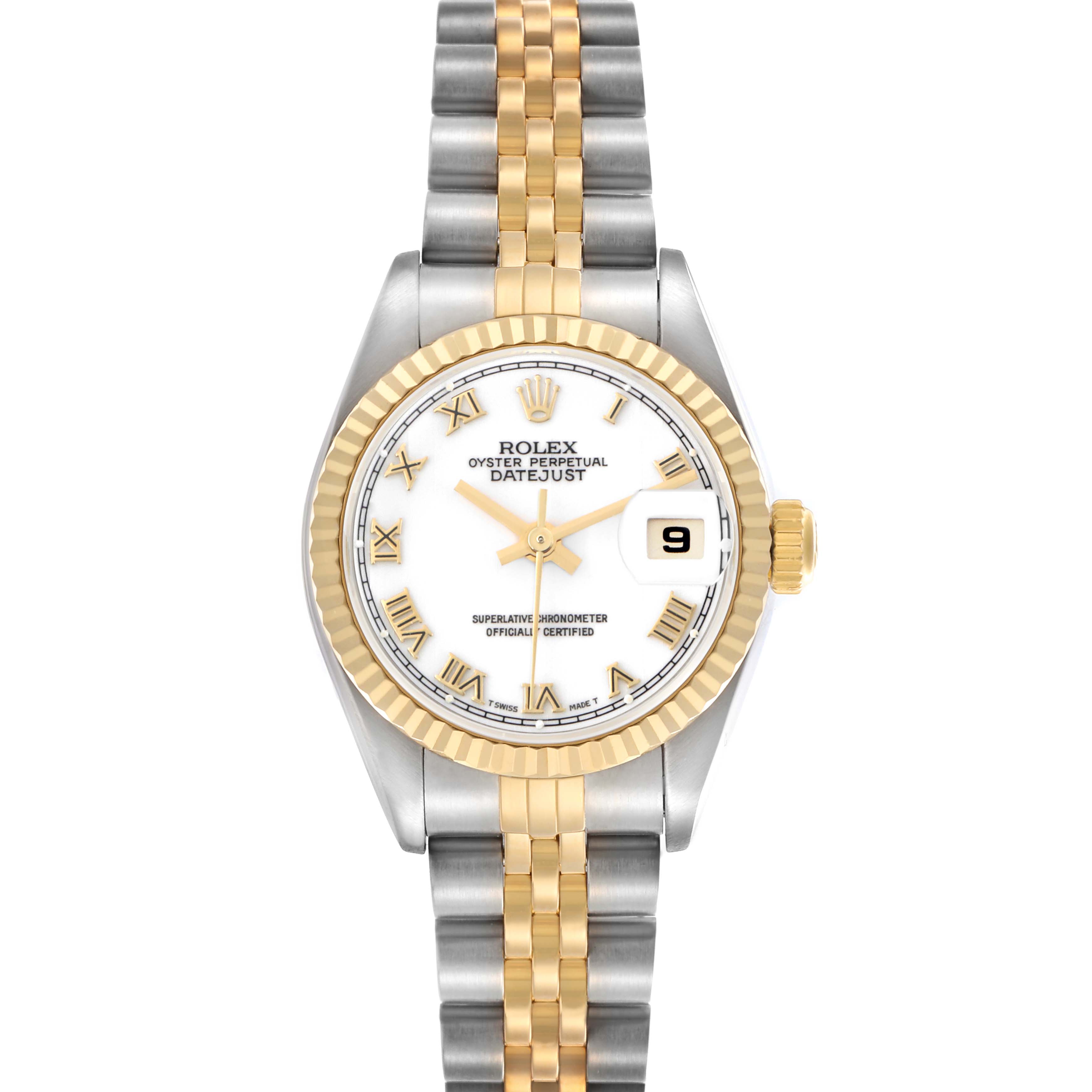 The Rolex Datejust 79173 Women's Steel and Gold (two tone) White Dial 79173 Women's Steel and Gold (two tone) White Dial is shown from a top-down angle, highlighting the face, bezel, and two-tone bracelet.