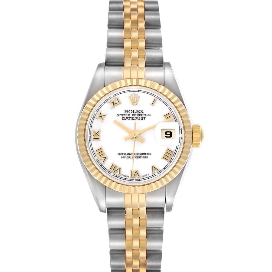 The Rolex Datejust is shown from a top-down angle, highlighting the face, bezel, and two-tone bracelet.