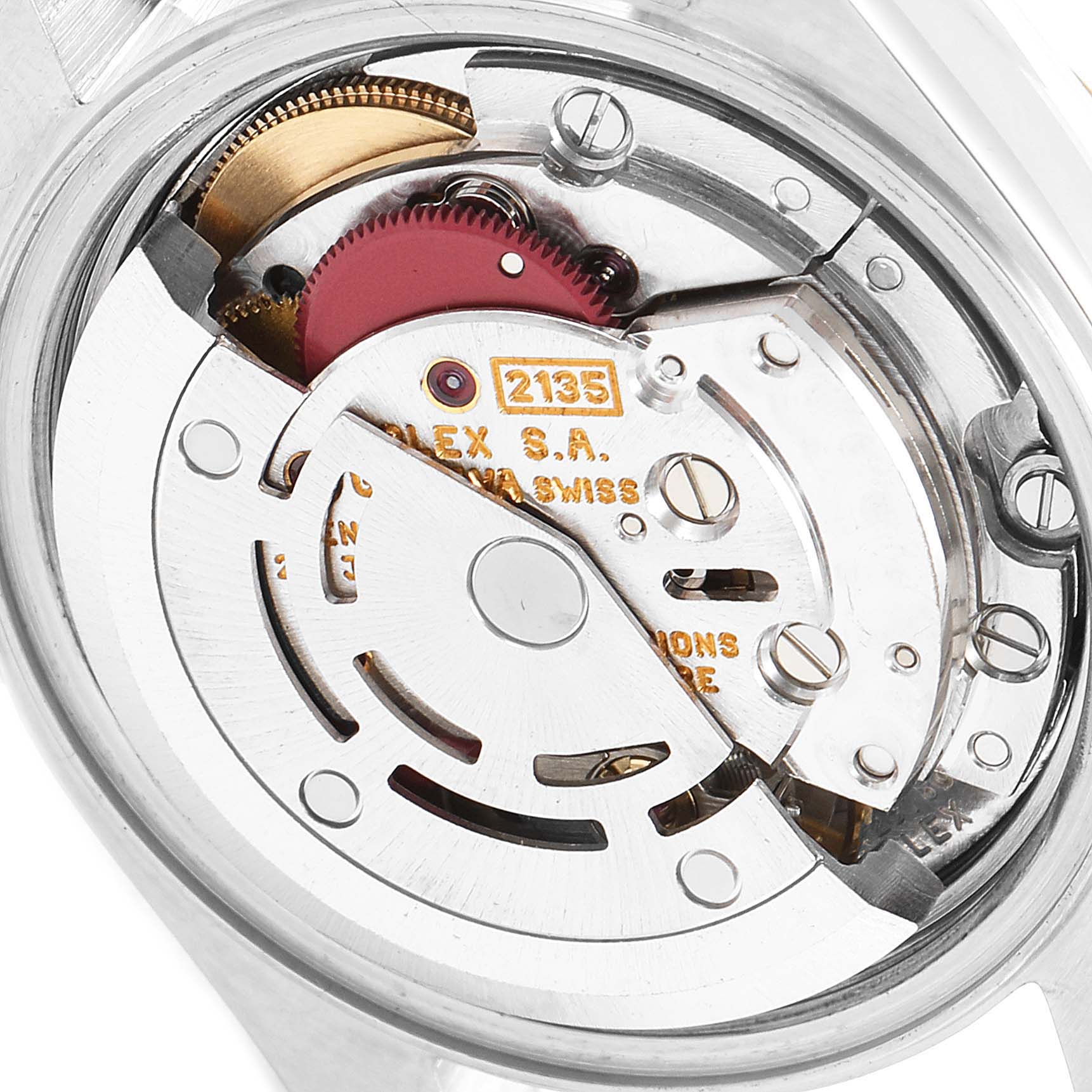 This image shows the intricate inner mechanism of a Rolex Datejust 69173 Women
s Steel and Gold (two tone) Silver Dial 69173 Women
s Steel and Gold (two tone) Silver Dial watch from the back.