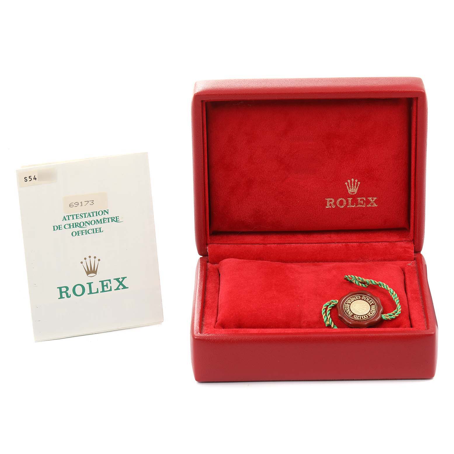 The image shows the box and certification for a Rolex Datejust 69173 Women
s Steel and Gold (two tone) Silver Dial 69173 Women
s Steel and Gold (two tone) Silver Dial model, including a red watch box and official chronometer certification.