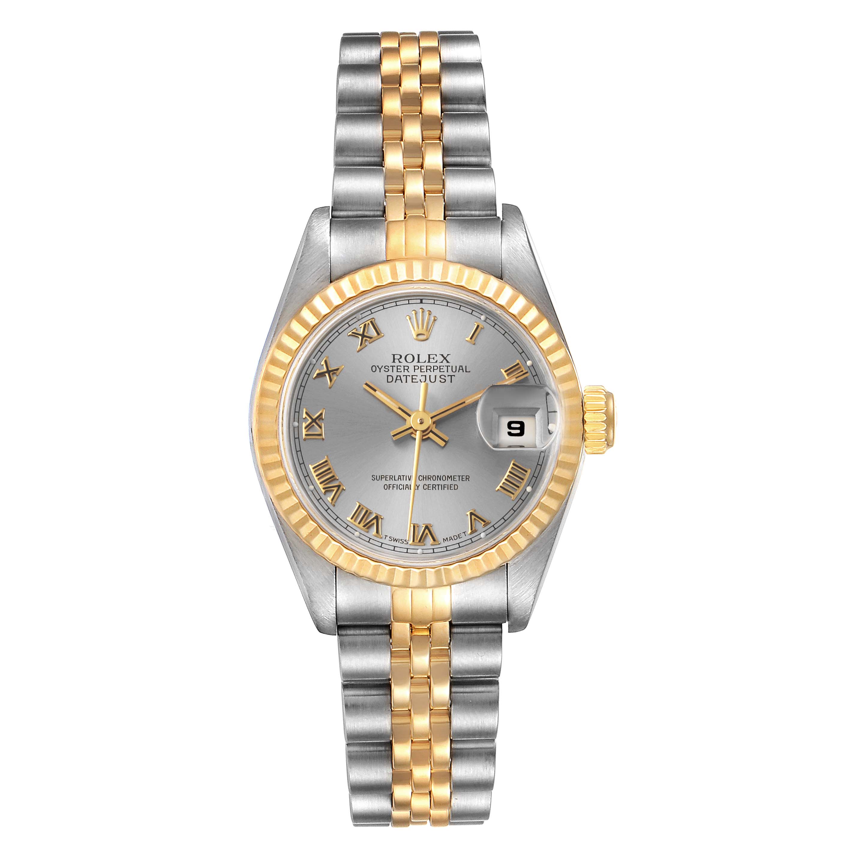The image shows a front view of the Rolex Datejust 69173 Women
s Steel and Gold (two tone) Silver Dial 69173 Women
s Steel and Gold (two tone) Silver Dial watch, detailing its silver and gold dial, bezel, and jubilee bracelet.