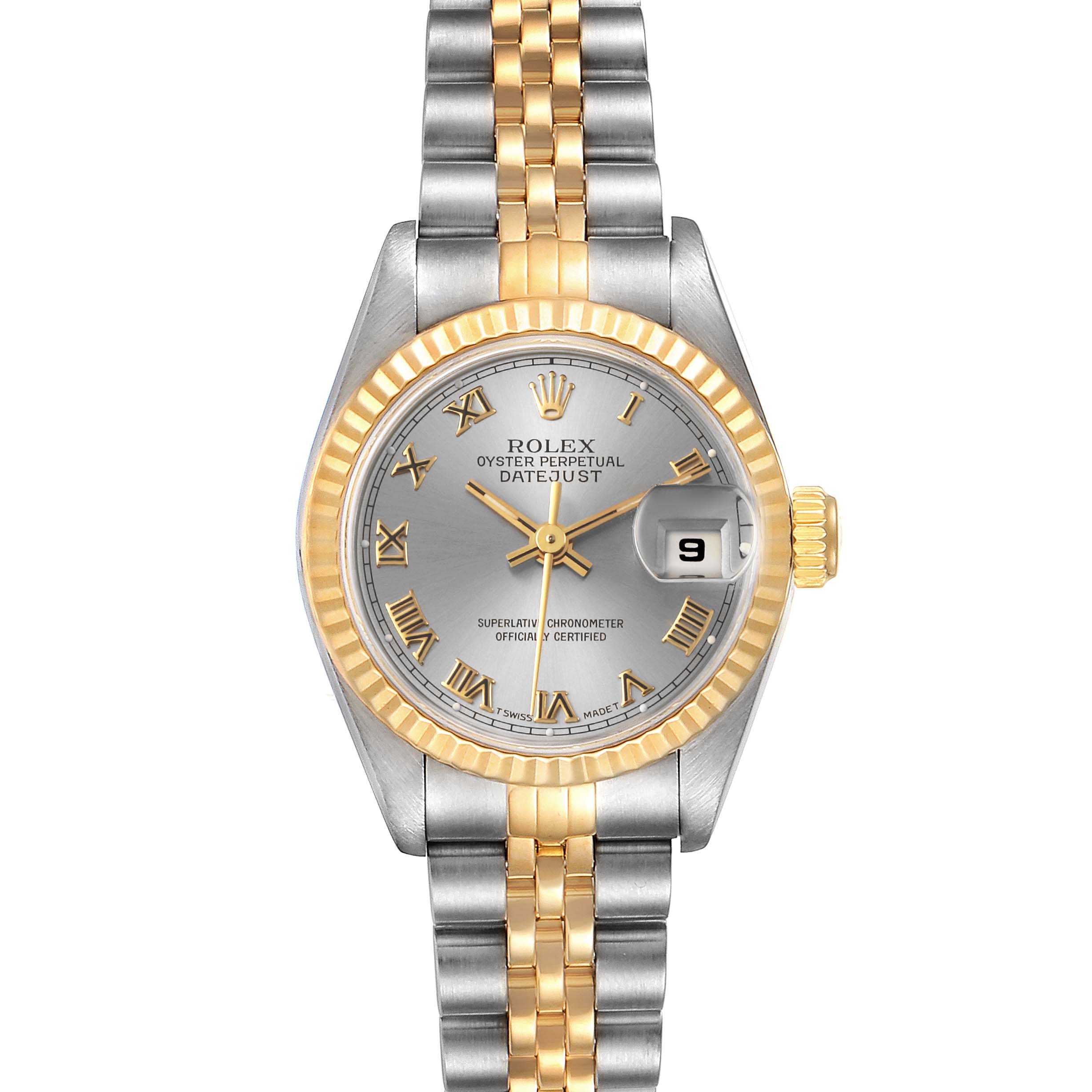 This image shows a front view of the Rolex Datejust 69173 Women
s Steel and Gold (two tone) Silver Dial 69173 Women
s Steel and Gold (two tone) Silver Dial watch, highlighting its silver and gold bracelet, fluted bezel, and date function.