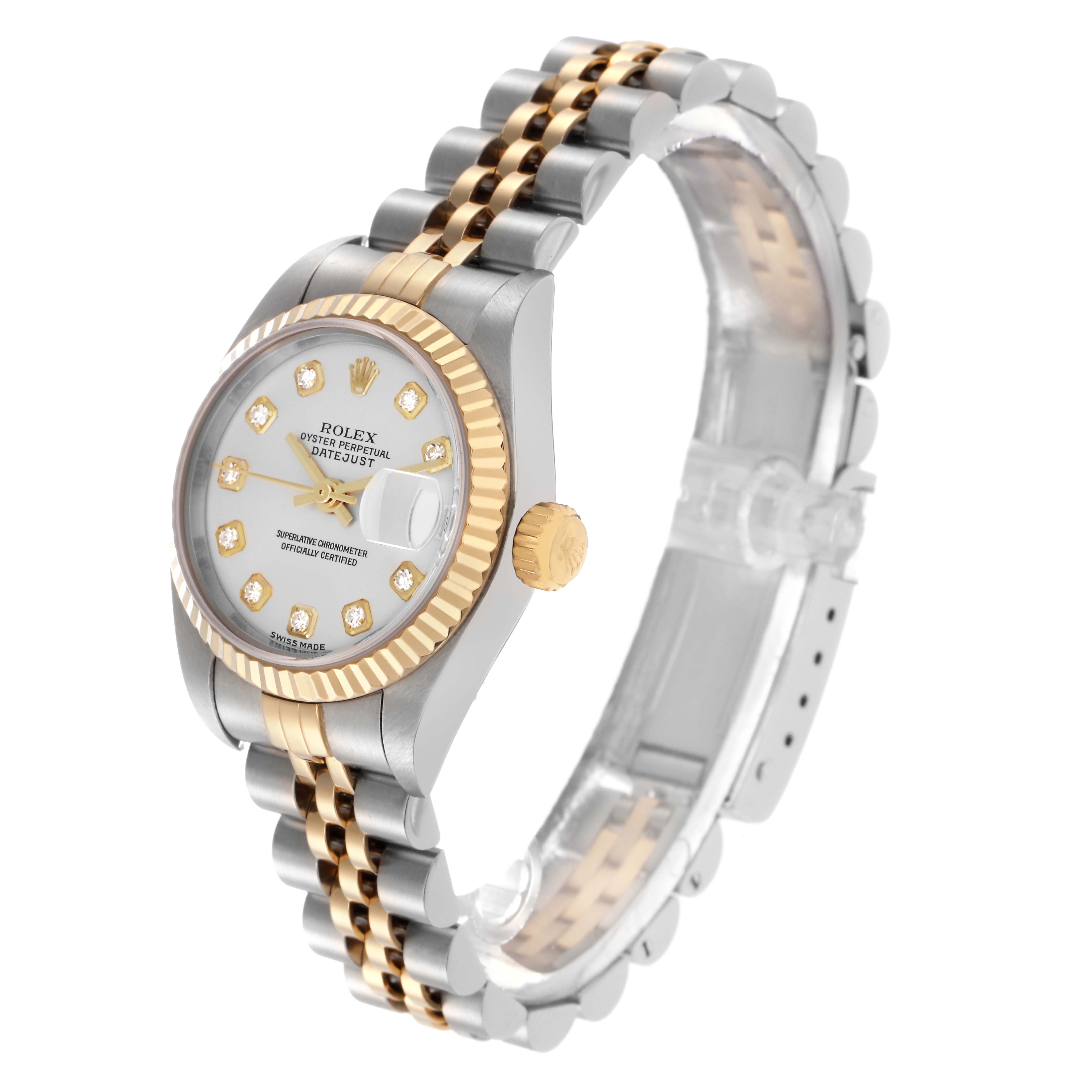 The Rolex Datejust 79173 Women's Steel and Gold (two tone) Silver Dial 79173 Women's Steel and Gold (two tone) Silver Dial watch is shown at an angle displaying the face, bezel, crown, and part of the bracelet.