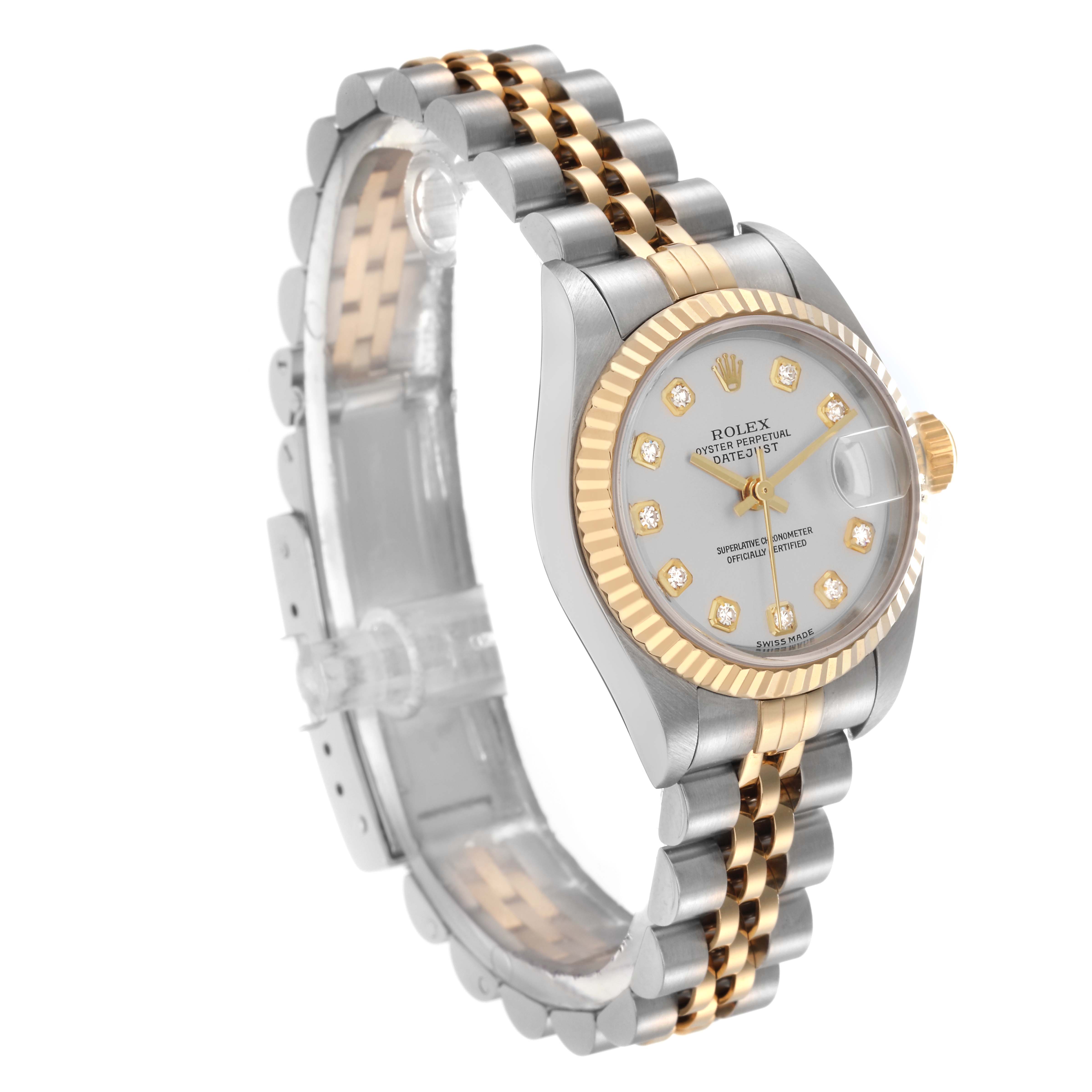 The Rolex Datejust 79173 Women's Steel and Gold (two tone) Silver Dial 79173 Women's Steel and Gold (two tone) Silver Dial watch is shown at a three-quarter angle, highlighting the fluted bezel, dial, and jubilee bracelet.