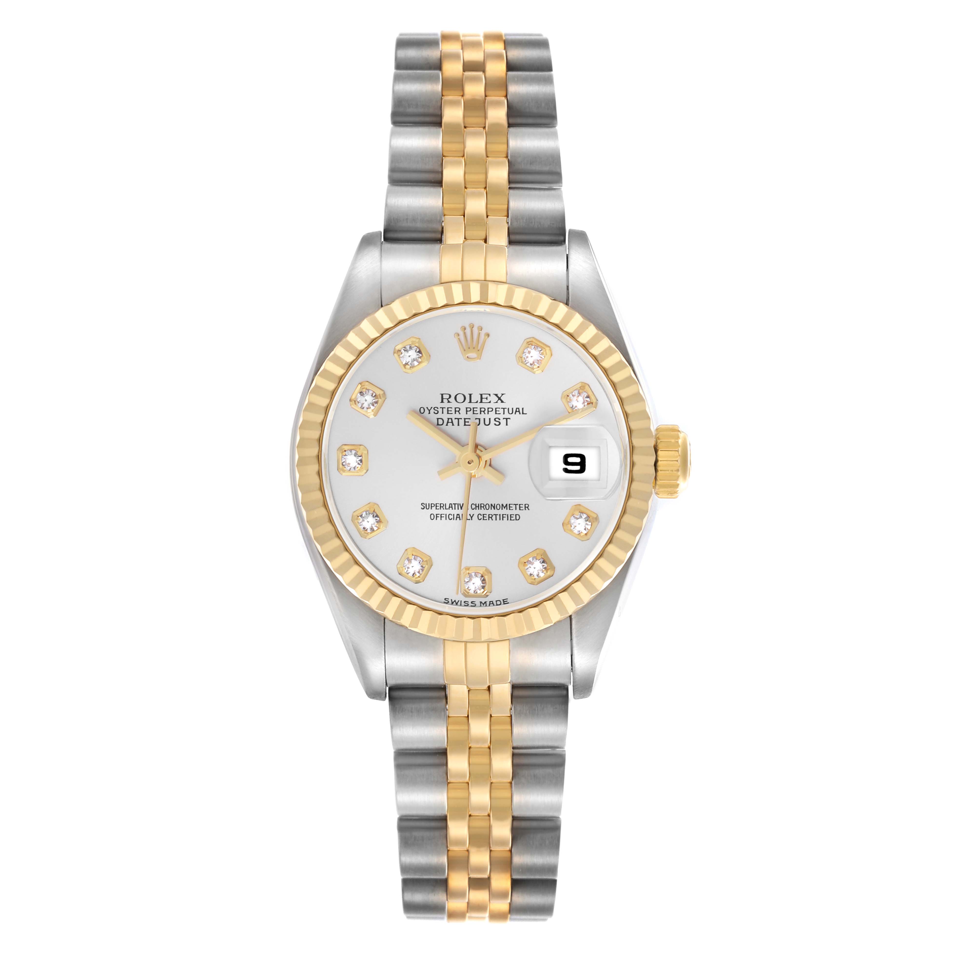 The Rolex Datejust 79173 Women's Steel and Gold (two tone) Silver Dial 79173 Women's Steel and Gold (two tone) Silver Dial watch is shown from a top-down angle, displaying its face, bezel, and two-tone bracelet.