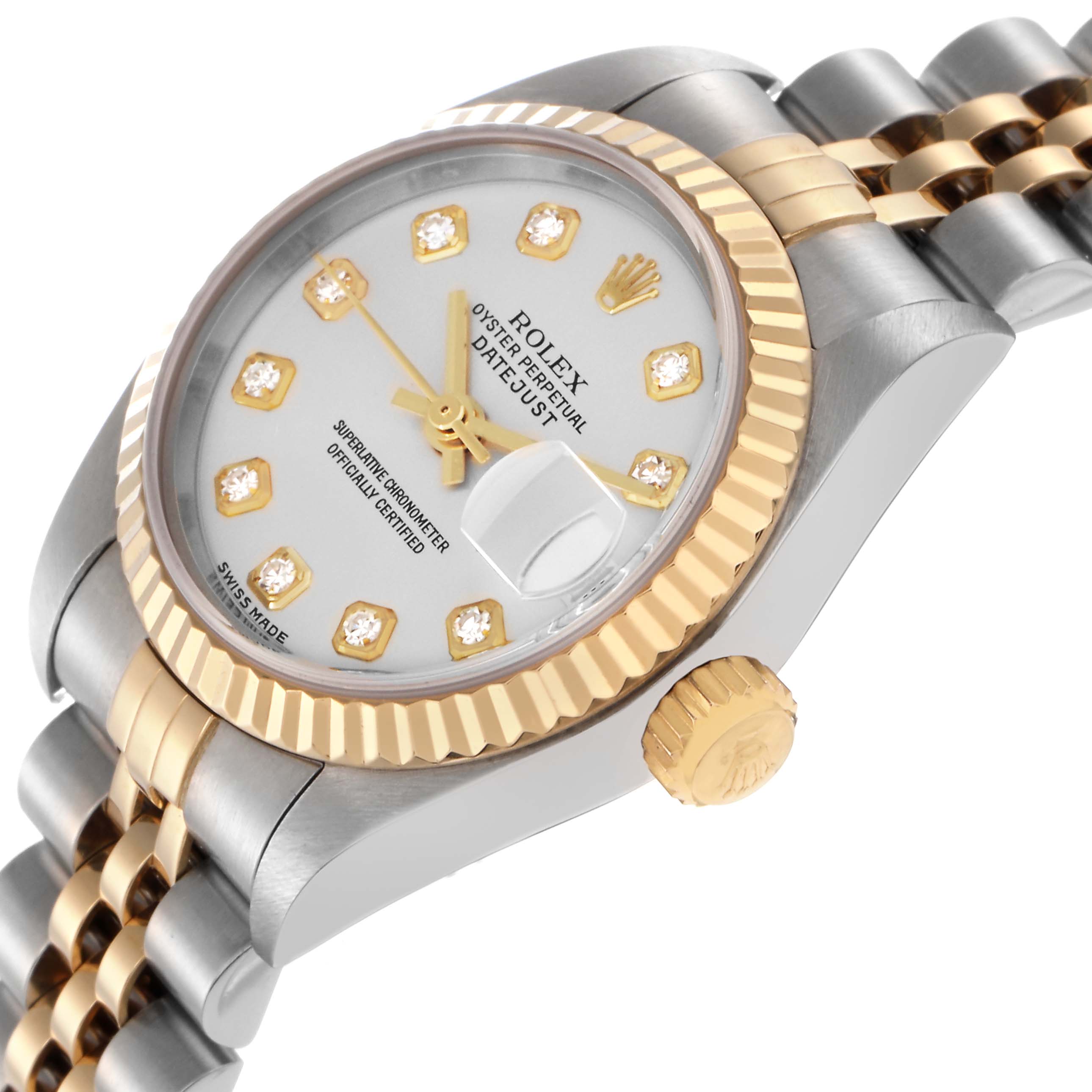 The Rolex Datejust 79173 Women's Steel and Gold (two tone) Silver Dial 79173 Women's Steel and Gold (two tone) Silver Dial is shown at an angled side view, highlighting the dial, bezel, crown, and part of the bracelet.