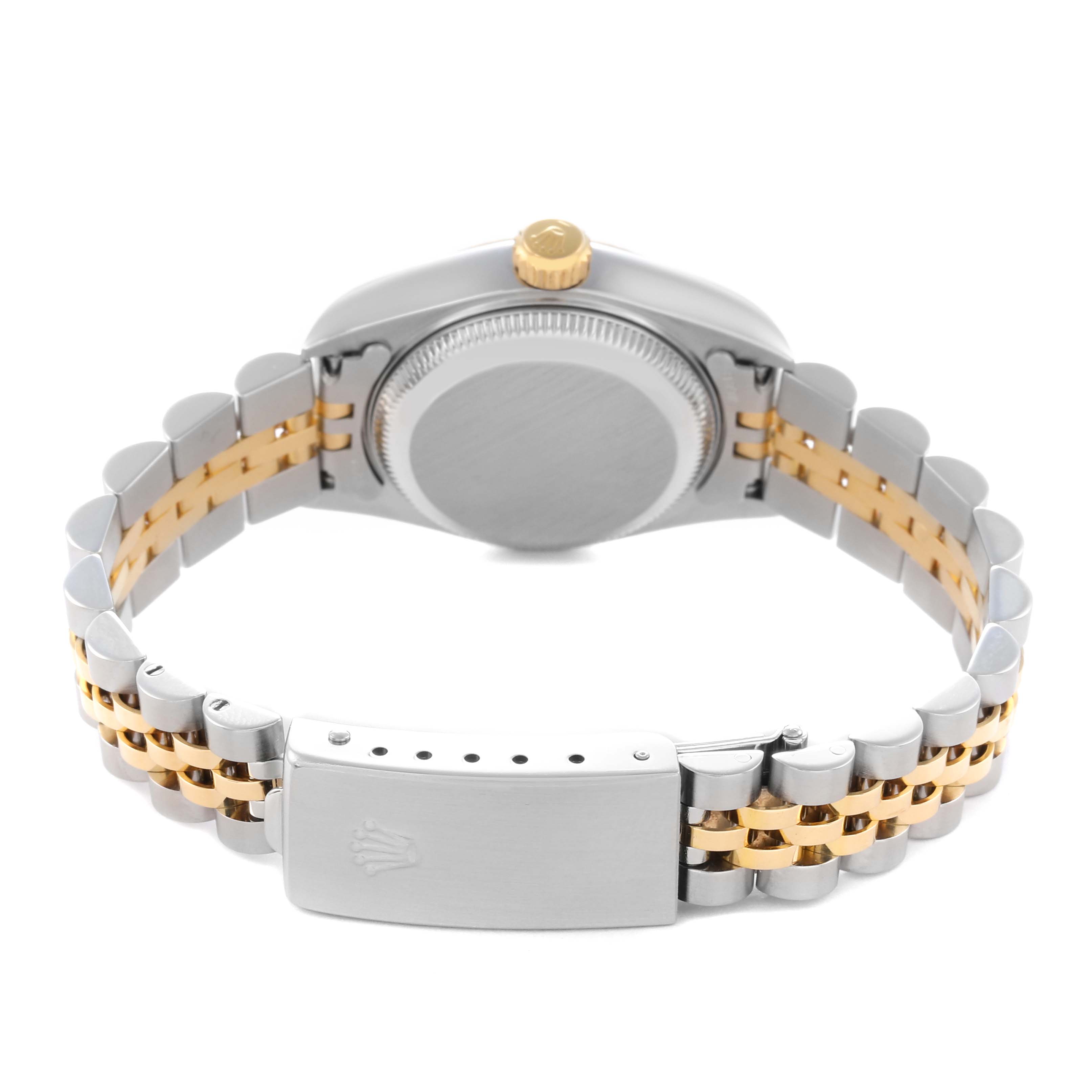 The image shows the Rolex Datejust 79173 Women's Steel and Gold (two tone) Silver Dial 79173 Women's Steel and Gold (two tone) Silver Dial watch from the back, highlighting its case back, yellow gold and silver bracelet, and clasp.