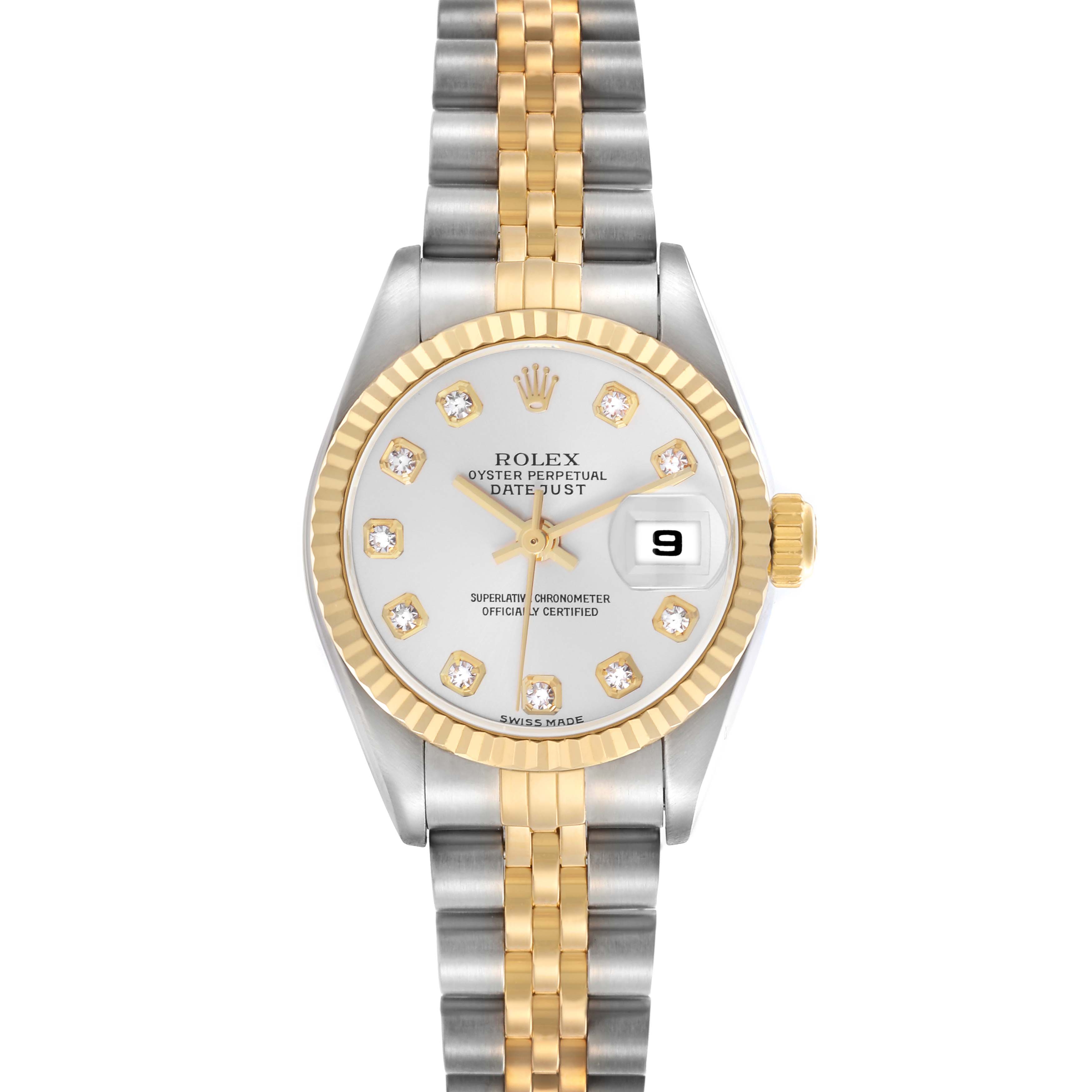 The Rolex Datejust 79173 Women's Steel and Gold (two tone) Silver Dial 79173 Women's Steel and Gold (two tone) Silver Dial watch is shown from a top view, displaying the face, fluted bezel, and two-tone bracelet.