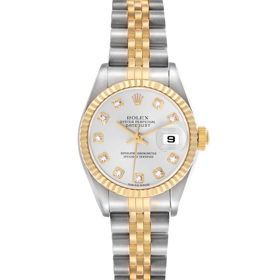 The Rolex Datejust watch is shown from a top view, displaying the face, fluted bezel, and two-tone bracelet.