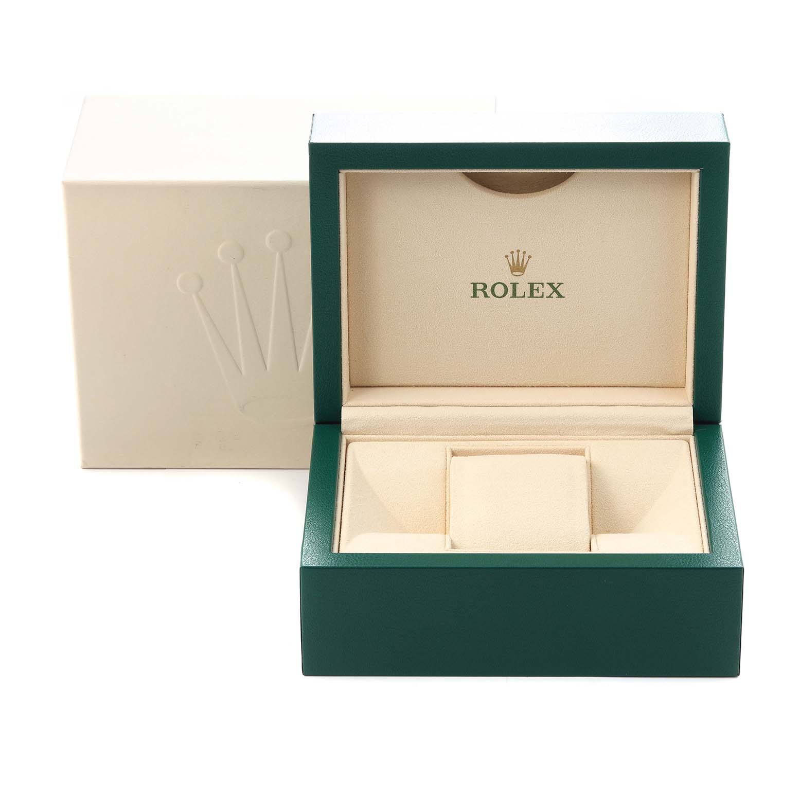 The image shows a Rolex Datejust 279163 Women's Steel and Gold (two tone) Silver Dial 279163 Women's Steel and Gold (two tone) Silver Dial watch box, open, with the brand’s logo inside the lid and space for the watch.