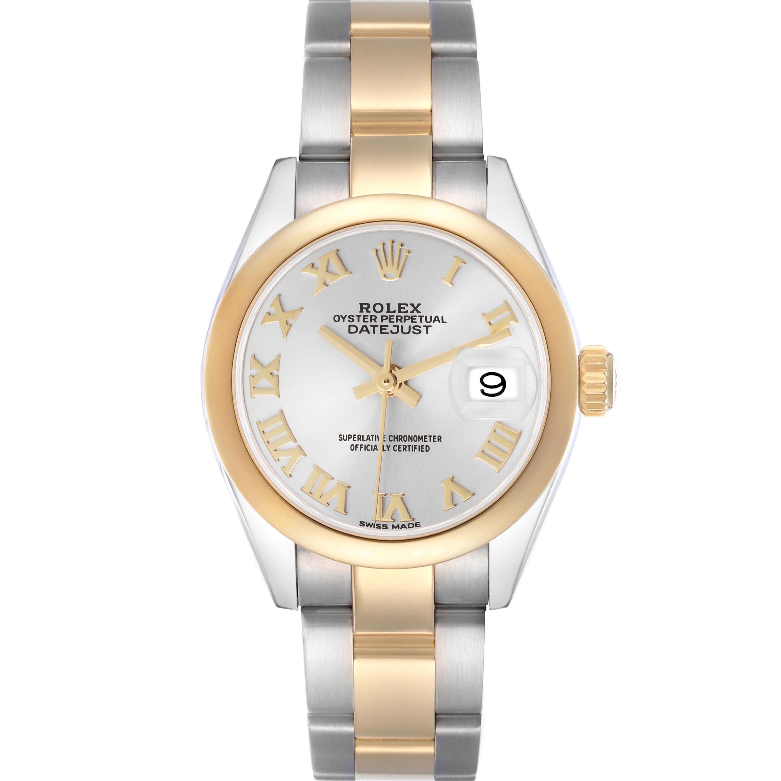 The Rolex Datejust 279163 Women's Steel and Gold (two tone) Silver Dial 279163 Women's Steel and Gold (two tone) Silver Dial watch is shown from the front, highlighting its face, bezel, crown, and bracelet.