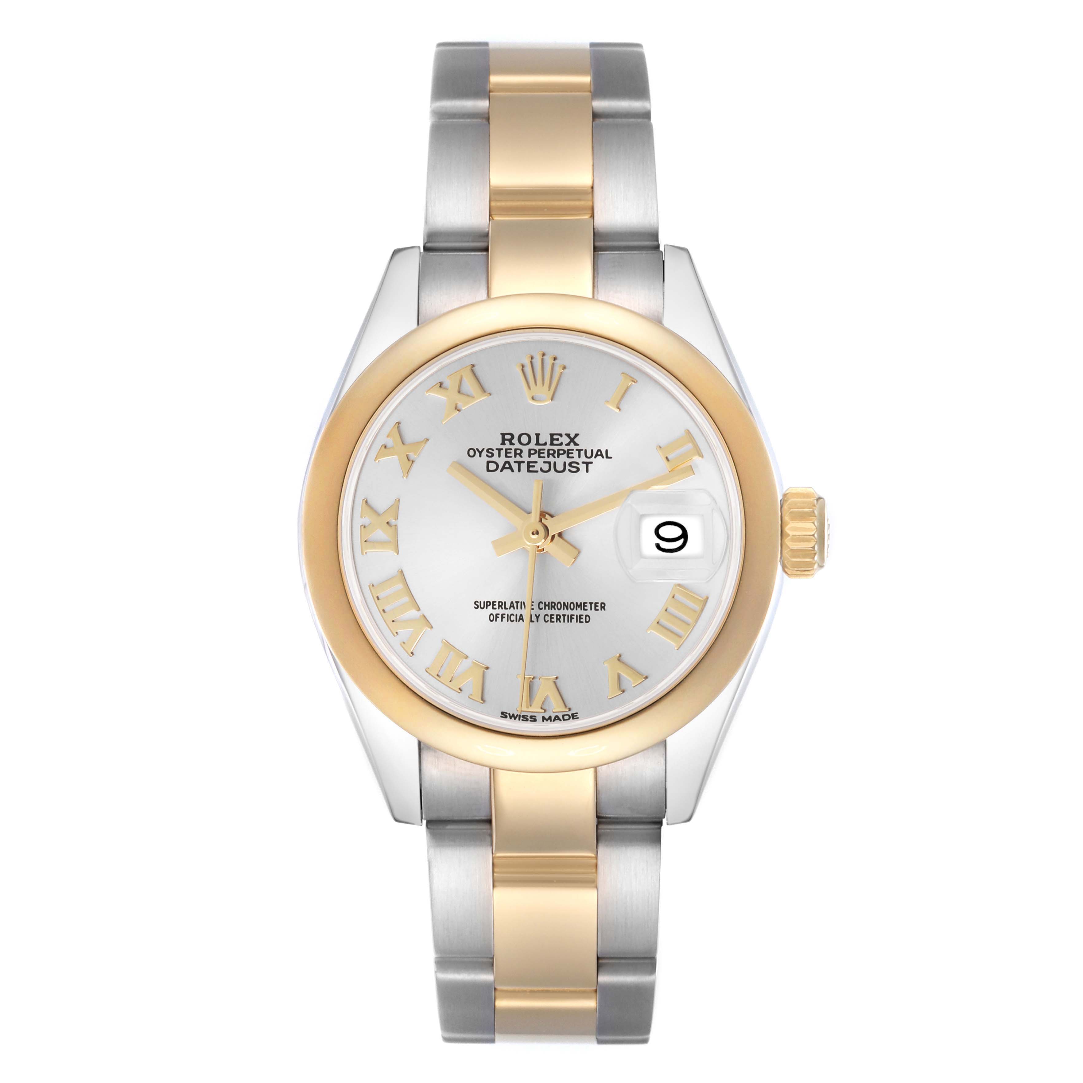 The Rolex Datejust 279163 Women's Steel and Gold (two tone) Silver Dial 279163 Women's Steel and Gold (two tone) Silver Dial watch is shown from a front angle, displaying its dial, bracelet, and the date window.