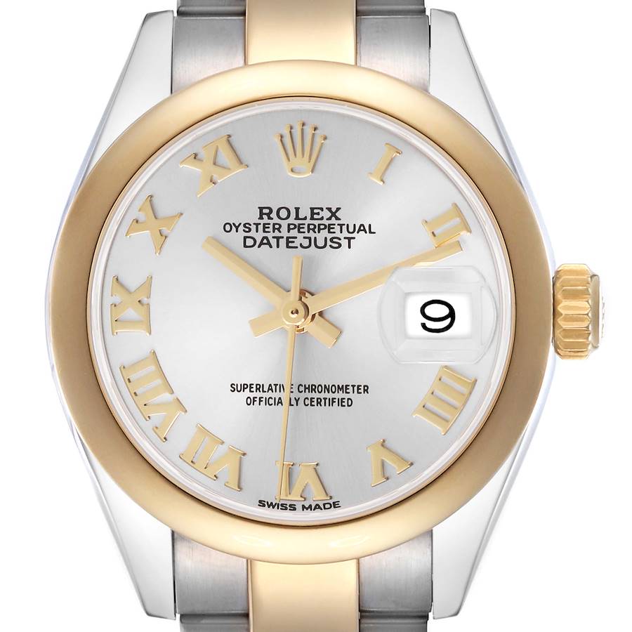 The Rolex Datejust watch is shown from the front, highlighting the dial, bezel, crown, and part of the bracelet.