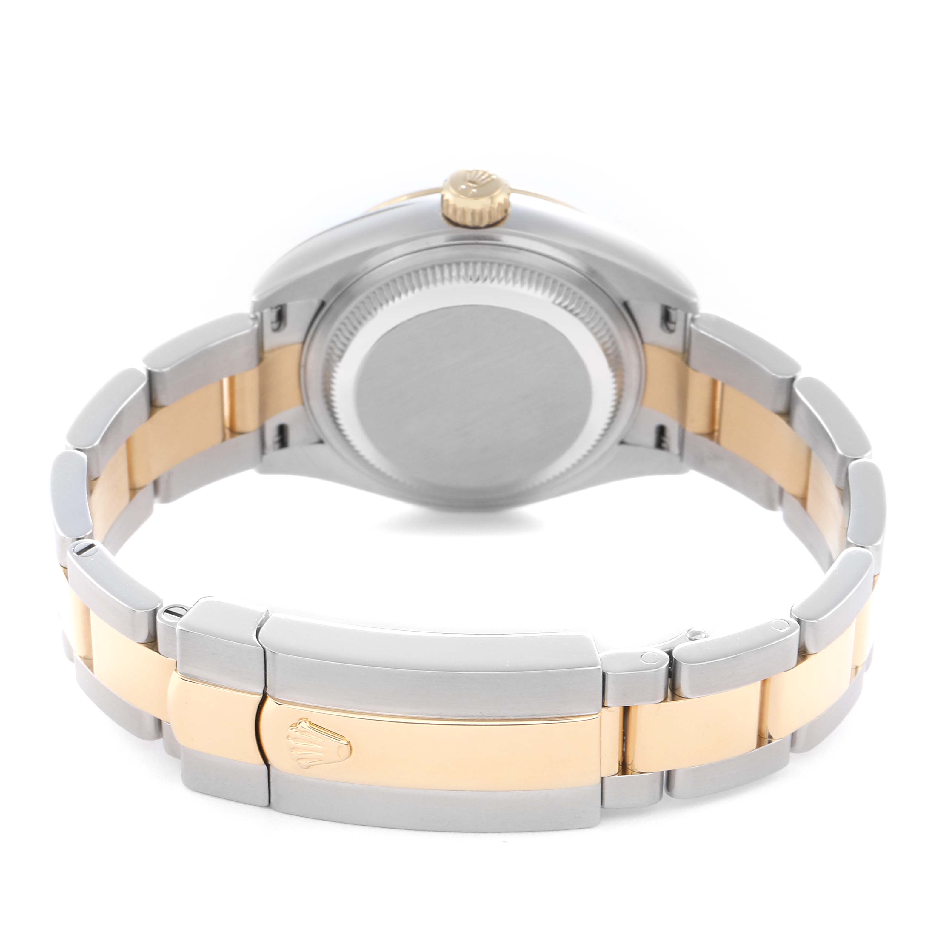 The Rolex Datejust 279163 Women's Steel and Gold (two tone) Silver Dial 279163 Women's Steel and Gold (two tone) Silver Dial watch is shown from the back, highlighting its two-tone bracelet and clasp.