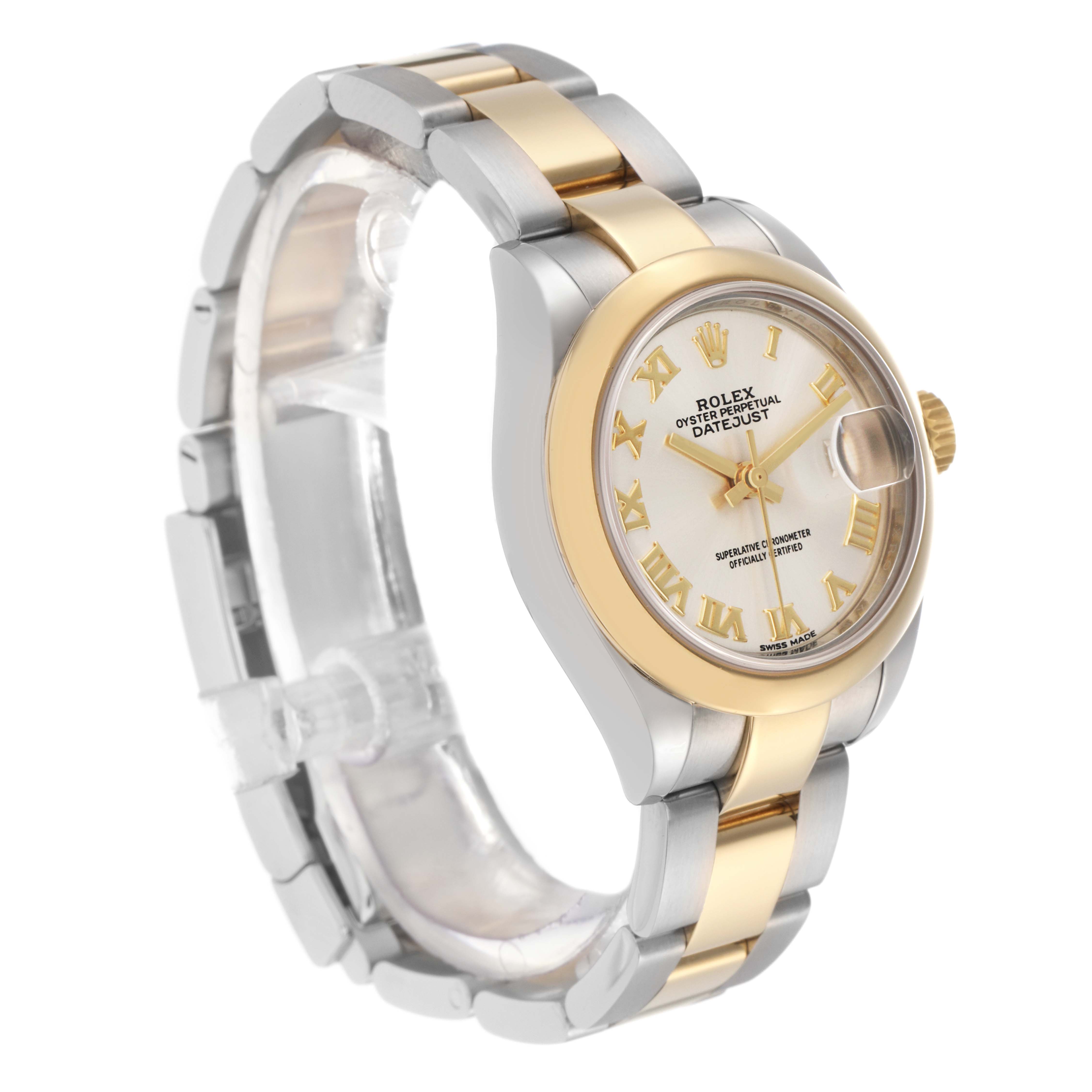 The Rolex Datejust 279163 Women's Steel and Gold (two tone) Silver Dial 279163 Women's Steel and Gold (two tone) Silver Dial watch is shown at an angled side view, highlighting the bracelet, dial, and crown.