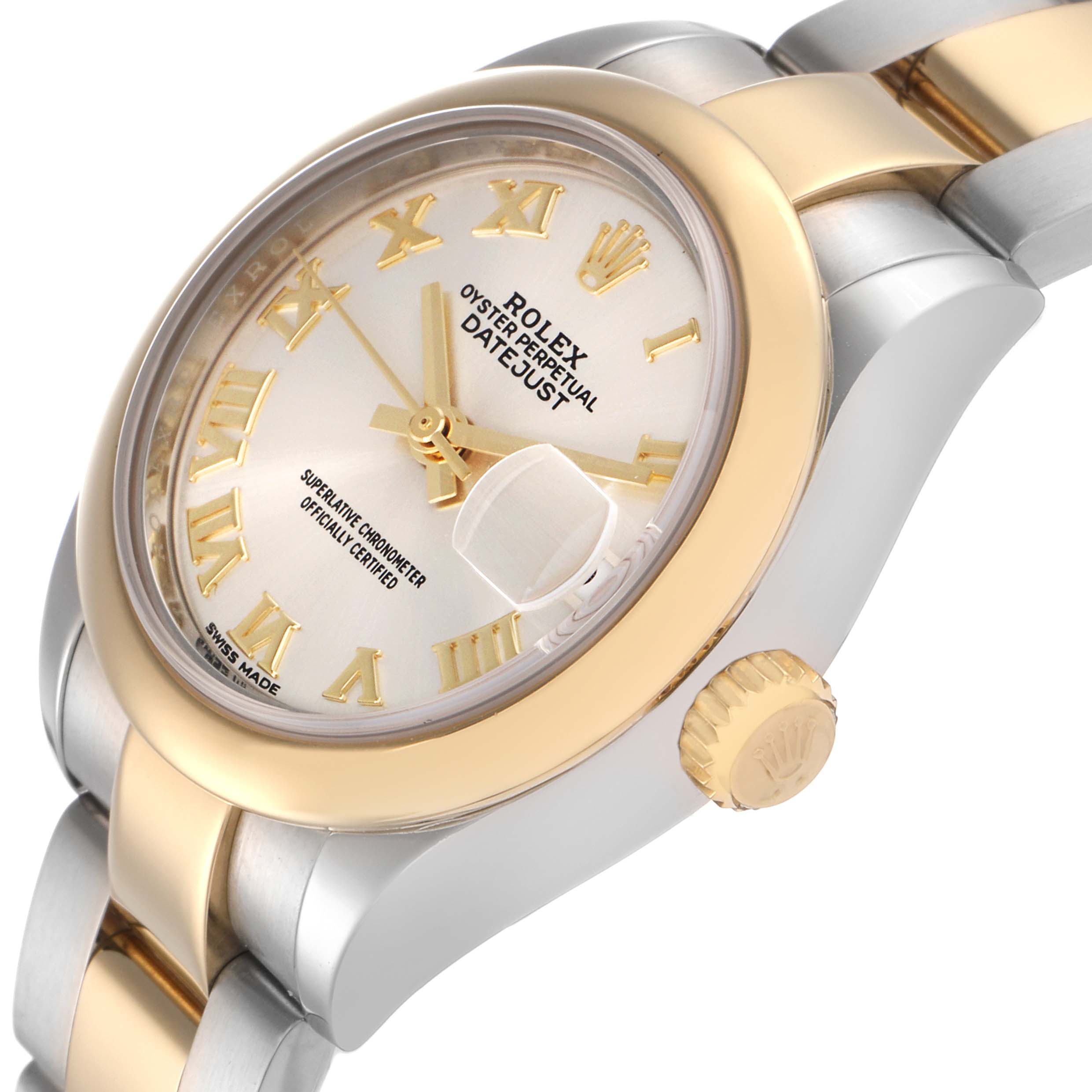 The Rolex Datejust 279163 Women's Steel and Gold (two tone) Silver Dial 279163 Women's Steel and Gold (two tone) Silver Dial watch is shown at a slight angle displaying the face, bezel, crown, and partial bracelet, highlighting its gold and steel finish.