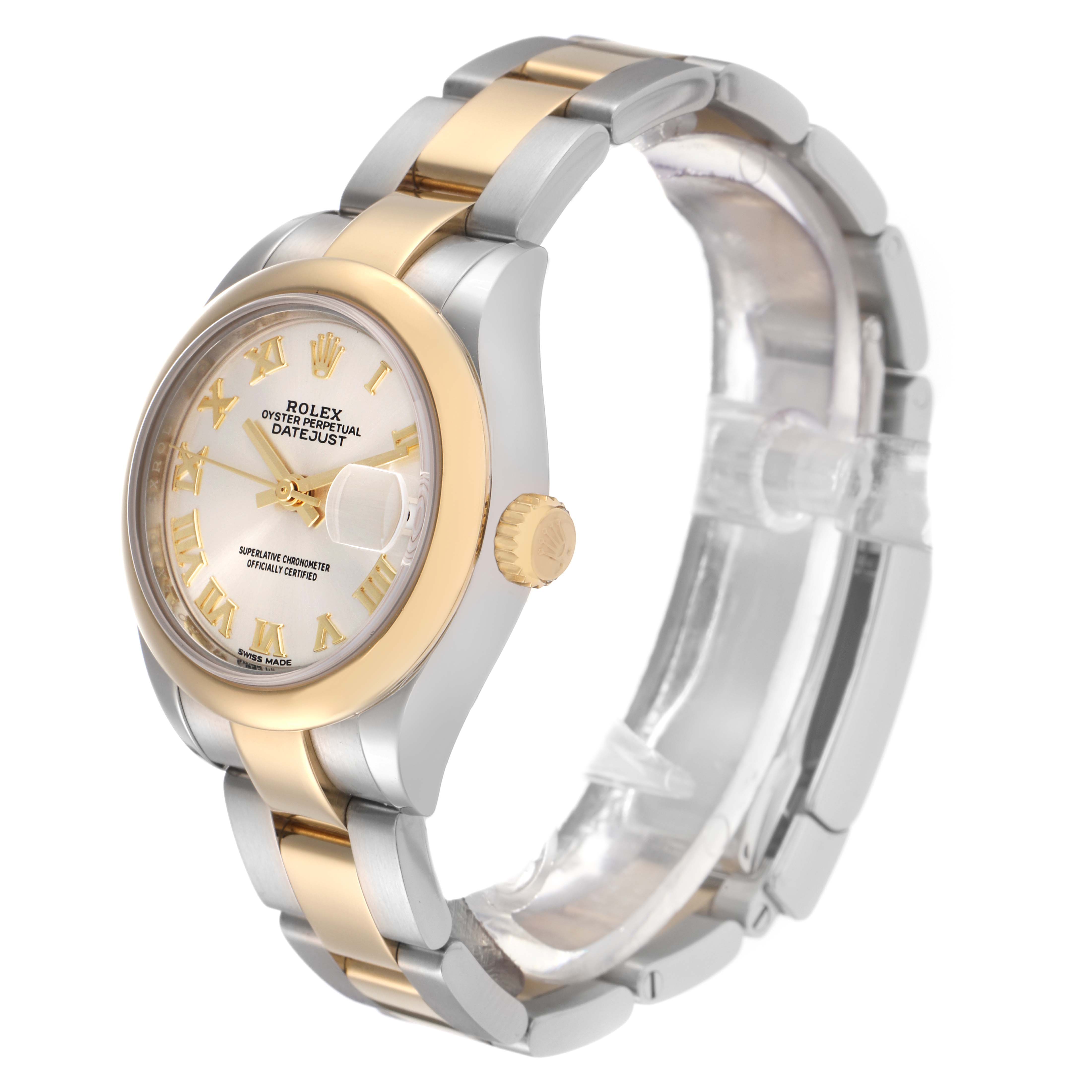 The Rolex Datejust 279163 Women's Steel and Gold (two tone) Silver Dial 279163 Women's Steel and Gold (two tone) Silver Dial watch is shown at a side angle, highlighting the dial, bezel, crown, and bracelet.